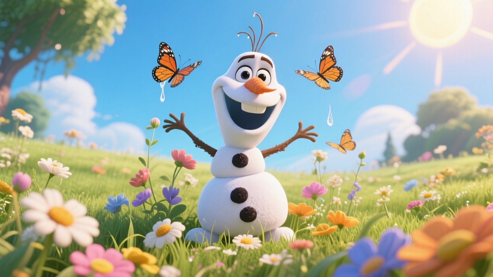 Olaf in Summer Meadow 壁紙 — 一個快樂的雪人，有樹枝手臂和胡蘿蔔鼻子，站在陽光明媚的草地上，周圍環繞著色彩繽紛的花朵和翩翩起舞的蝴蝶。