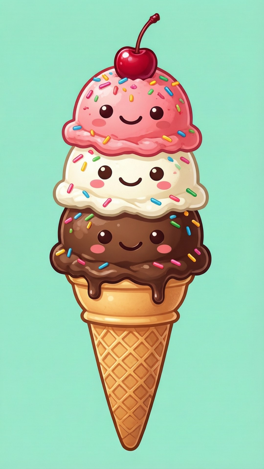 Triple Scoop Smiles 壁紙 — 一個歡樂的三球冰淇淋甜筒，配上粉紅香草巧克力和頂部的櫻桃，背景是薄荷綠色。