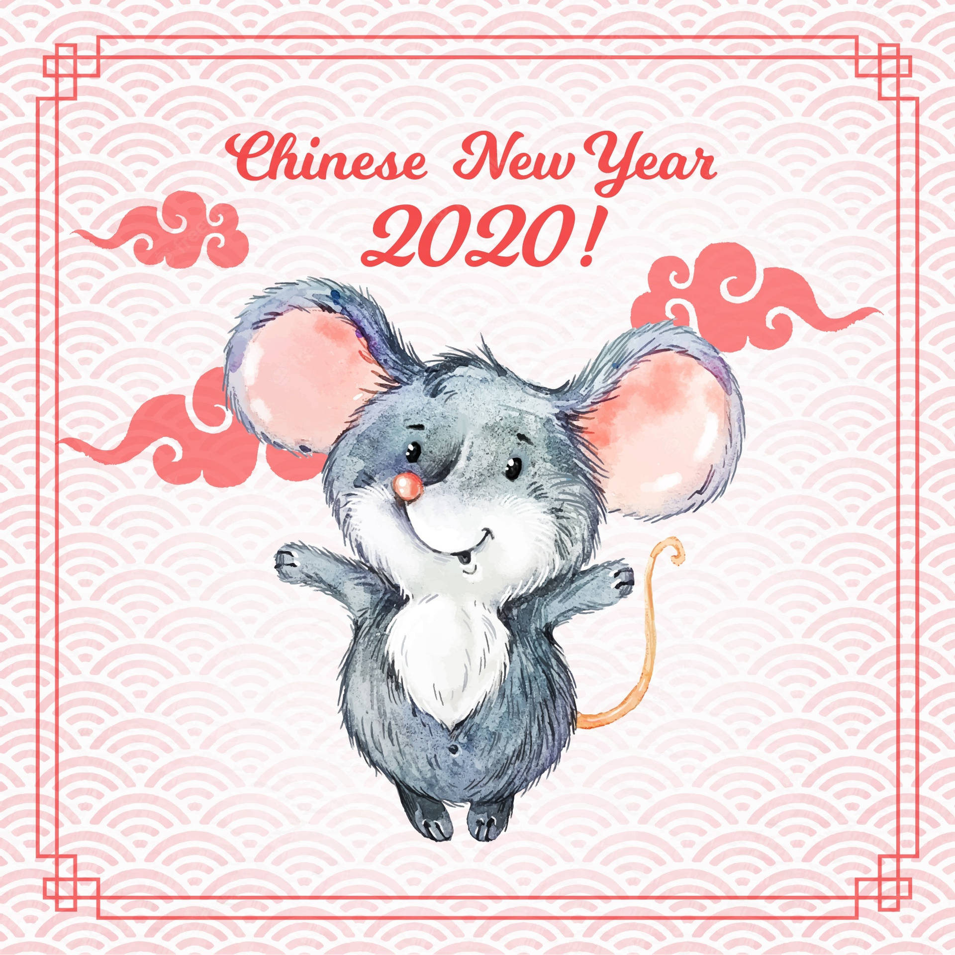 快樂的老鼠在紅色雲朵和粉紅色波浪背景下慶祝2020年農曆新年。 — 春節 壁紙