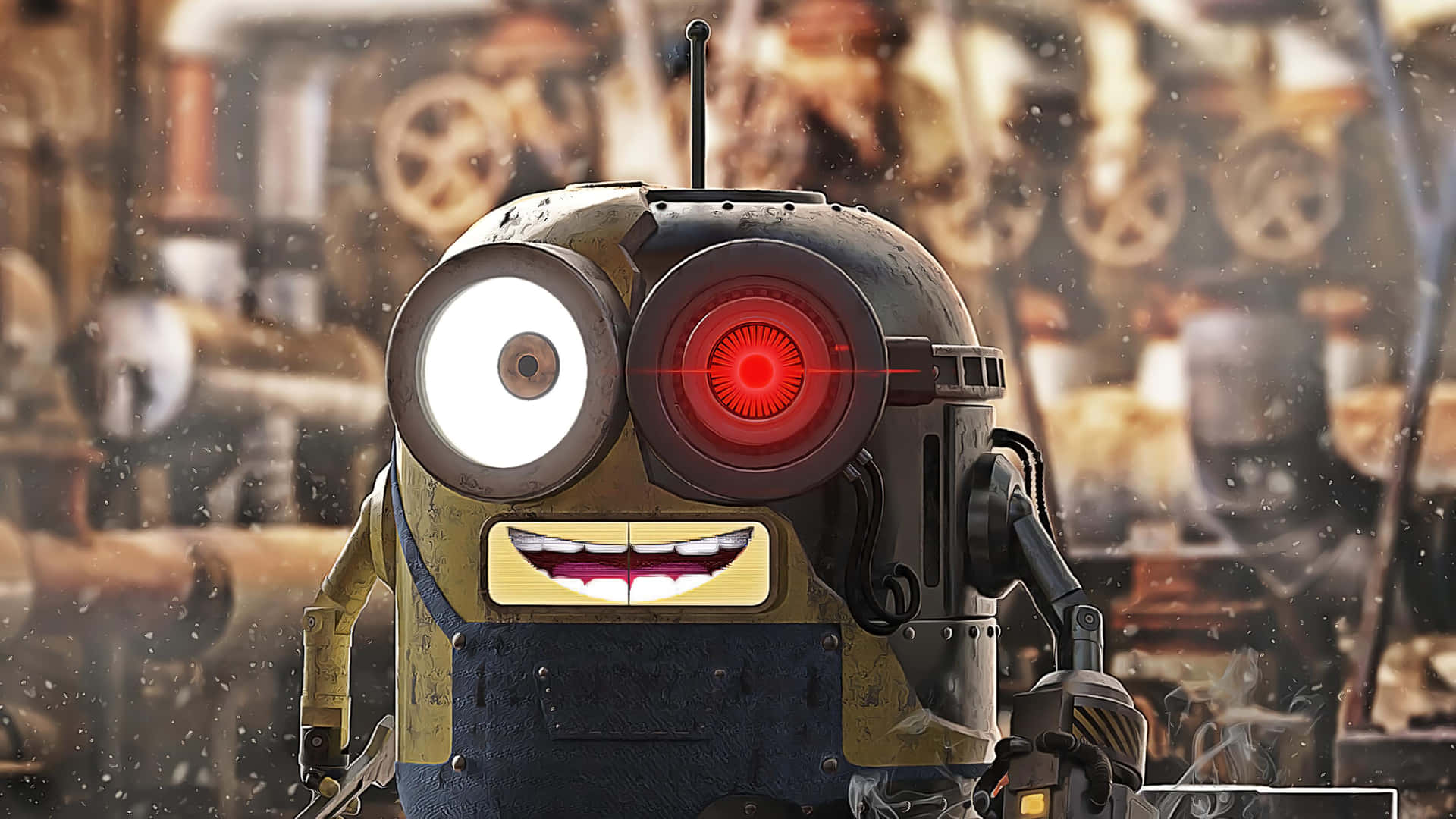  壁紙 — 一個開心的黃色Minion，有一隻紅色眼睛和一隻白色眼睛，站在一個充滿齒輪和工具的雜亂工場中。