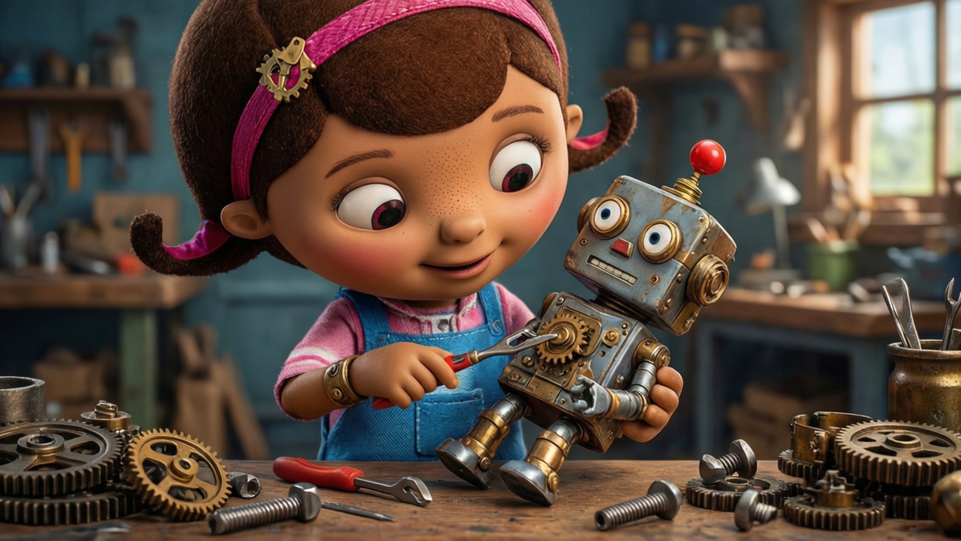Toy Mechanic 壁紙 — 一個穿著工裝褲的開朗小女孩，在一個充滿齒輪和工具的雜亂工場裡，用扳手修理一個生鏽的金屬機器人。