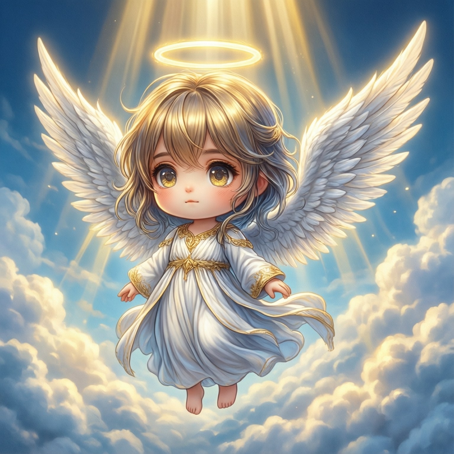 Chibi Angel Heaven 壁紙 — 一個帶有金色光環和白色翅膀的小天使在燦爛陽光下，在蓬鬆的雲朵上方寧靜地漂浮。