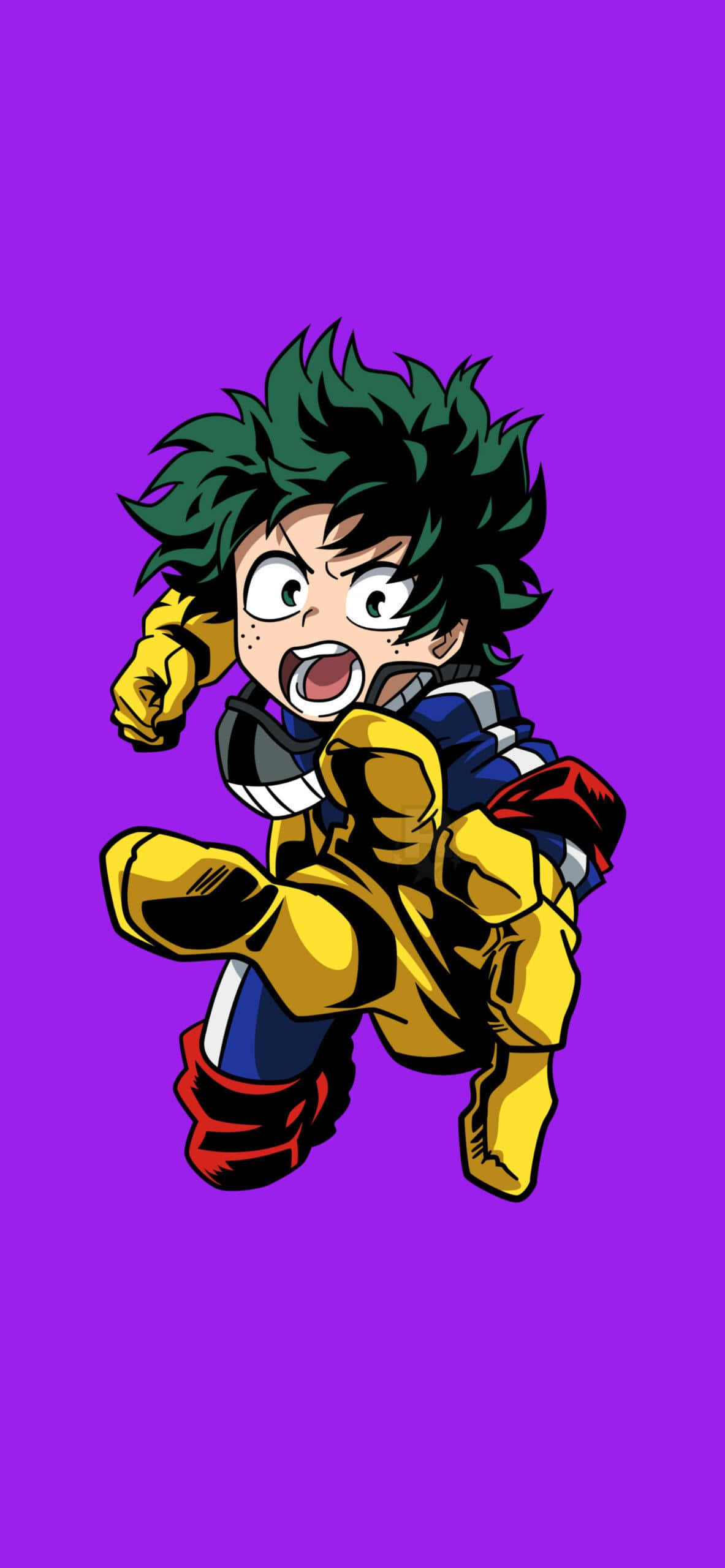 Dark Deku 桌布 壁紙 — 一位綠髮黃衣的Q版動漫英雄在純紫色背景上動態跳躍。