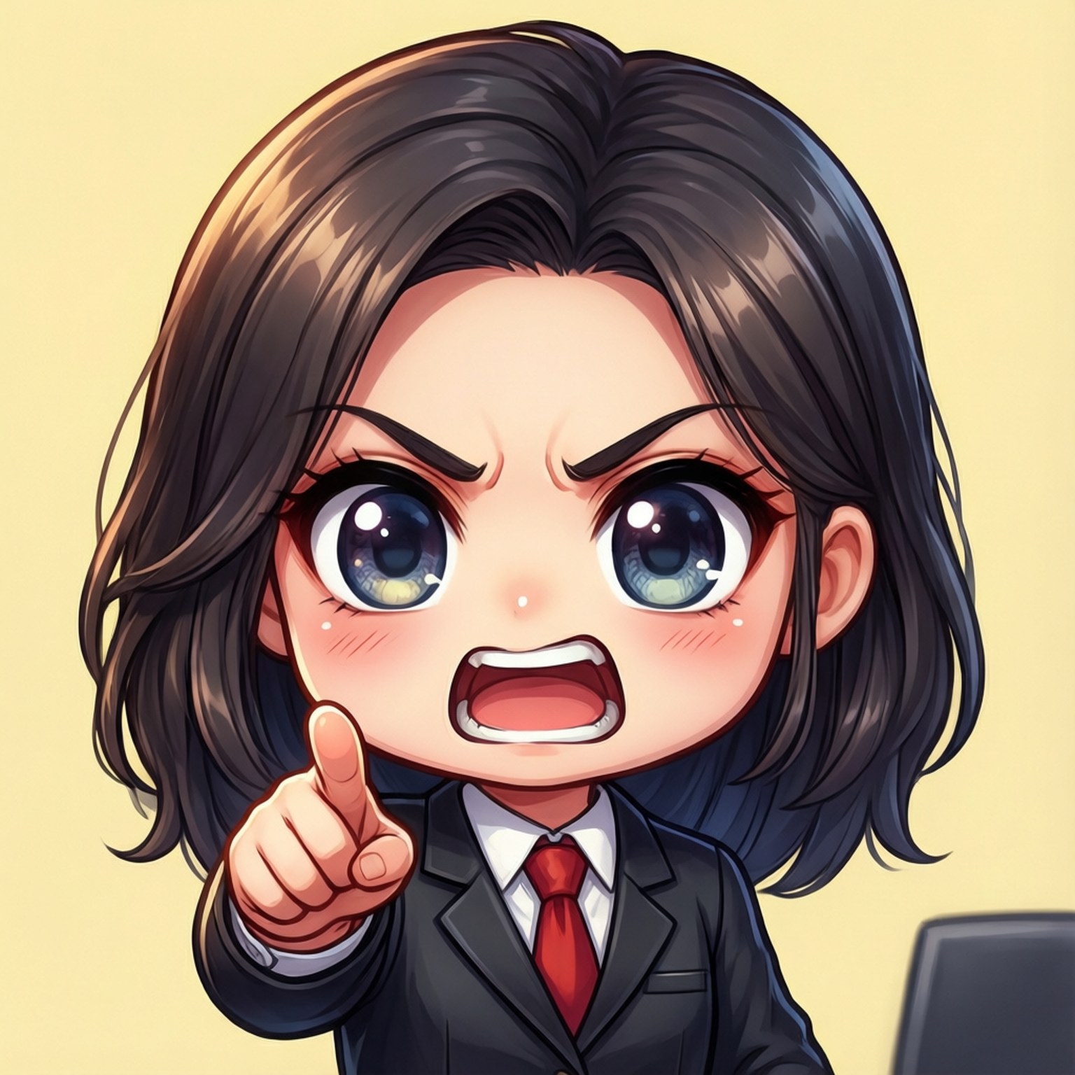 Objection 桌布 壁紙 — 一個穿著西裝的Q版動漫女性，憤怒地用食指向前指，眼睛睜大且充滿怒火。