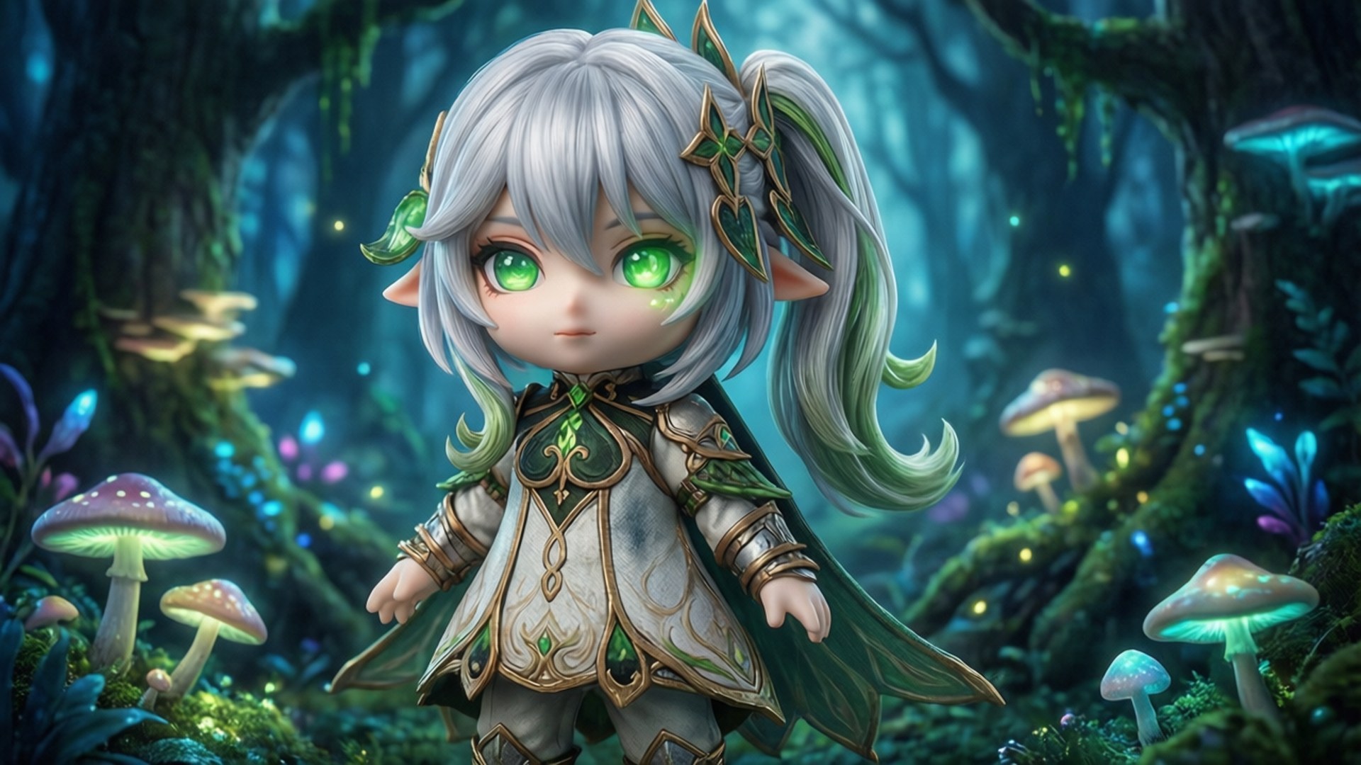 Enchanted Elf 壁紙 — 一個擁有發光綠色眼睛和銀色頭髮的Q版精靈站在一個充滿發光蘑菇和生物發光植物的神秘森林中。