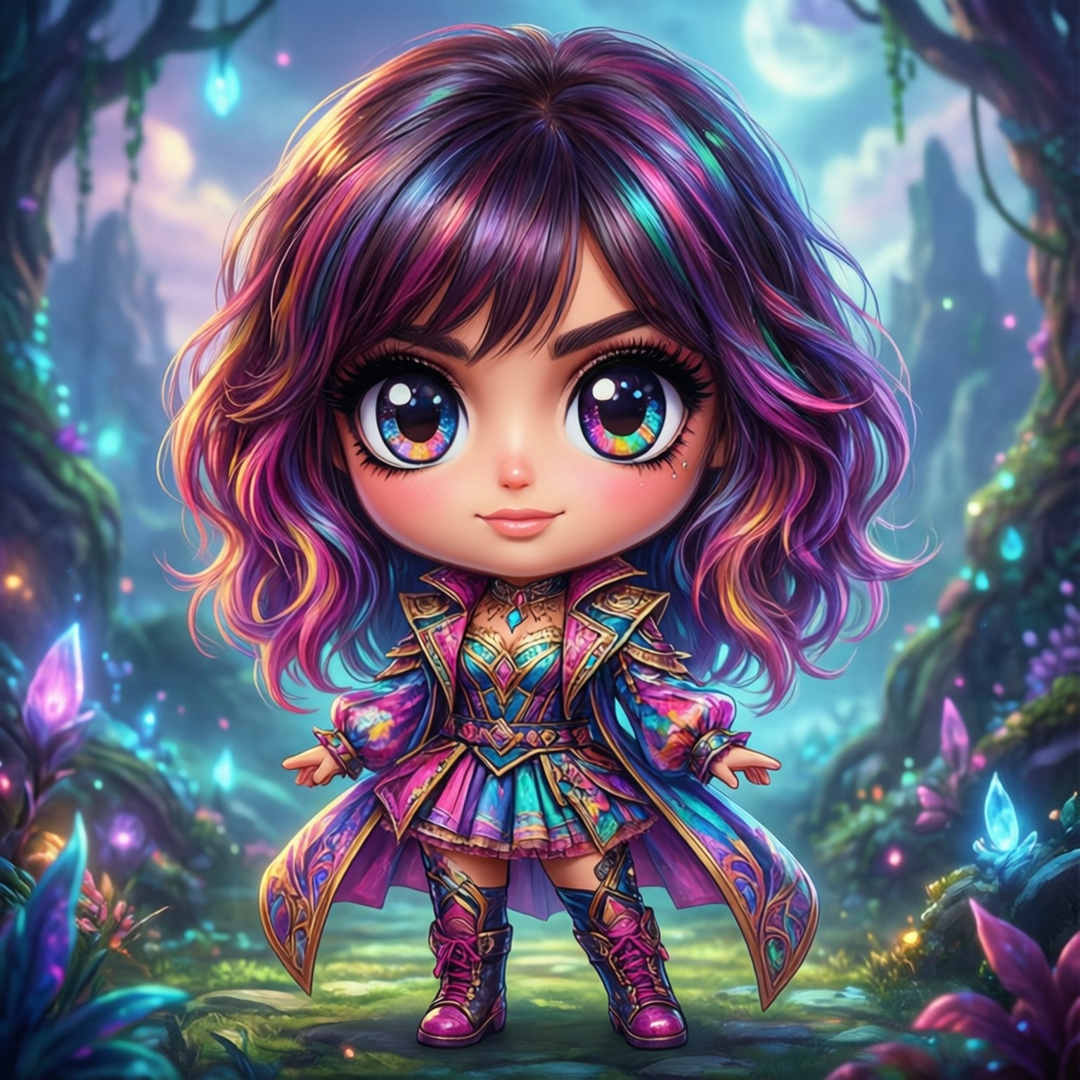 Anime Fantasy Chibi 壁紙 — 一個擁有彩虹頭髮和發光眼睛的奇幻Q版女孩，站在月光下的神秘森林中。