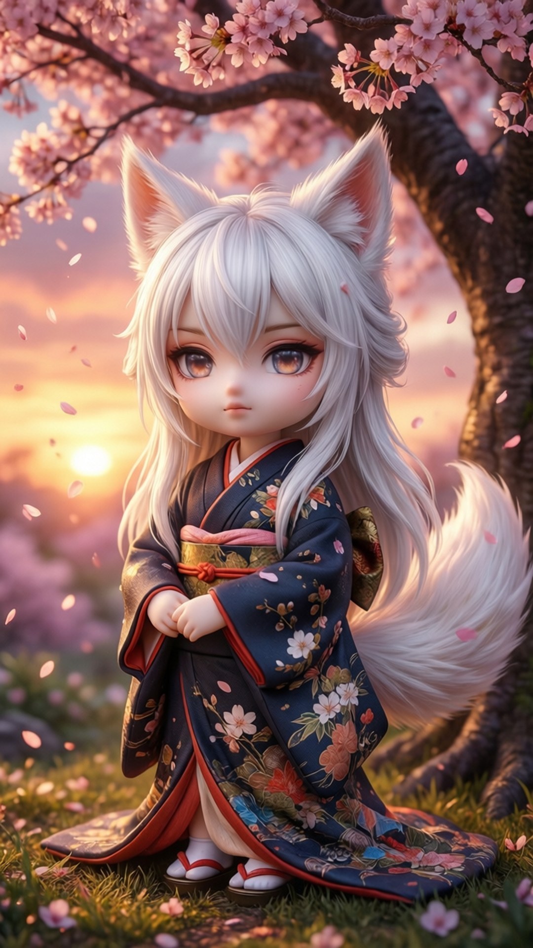 Fox Girl Cherry Blossom 壁紙 — 一個白髮、穿著花卉和服的可愛狐狸女孩坐在櫻花樹下，夕陽將天空染成溫暖的色調。