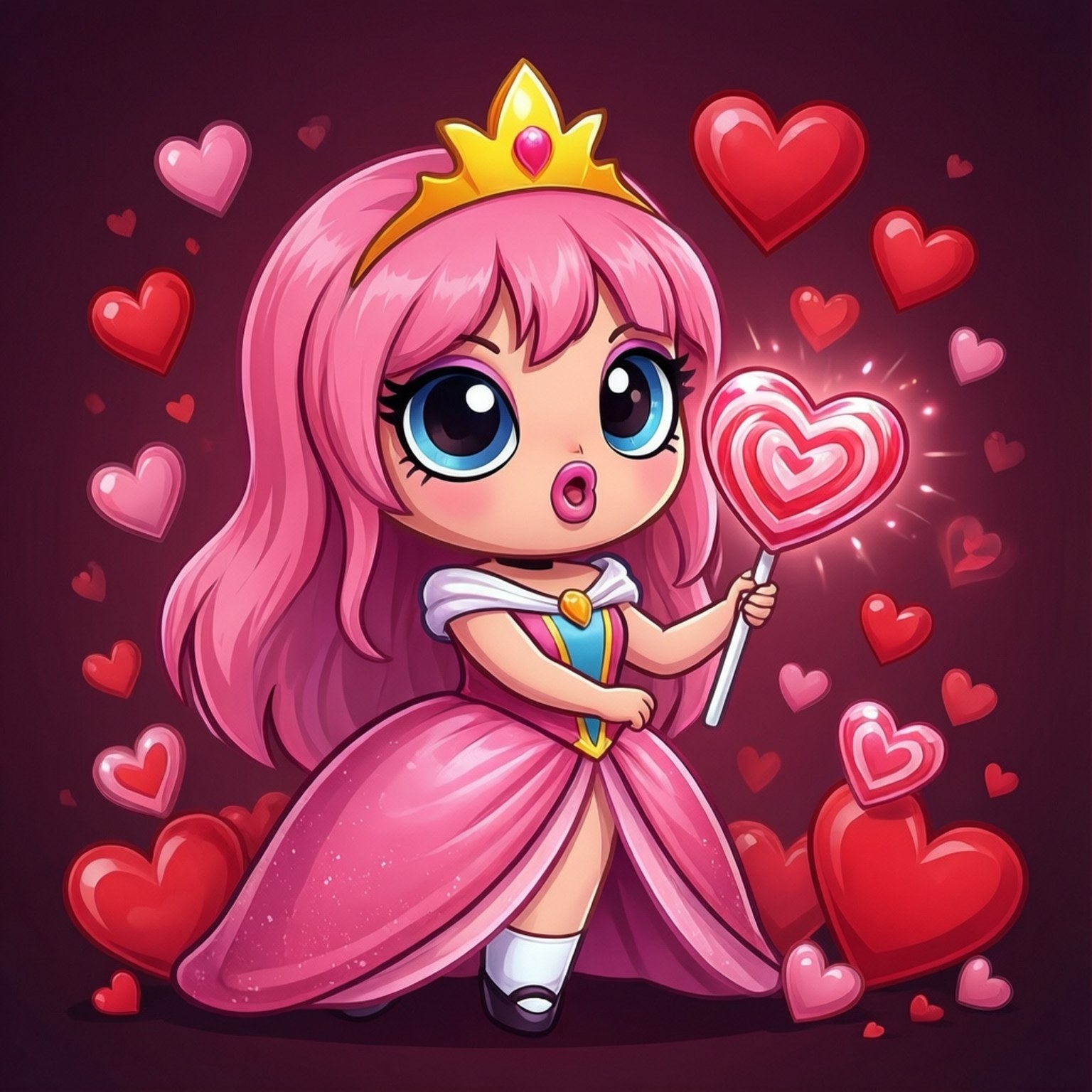 Candy Heart Magic 壁紙 — 一位粉紅頭髮戴皇冠的Q版公主，在黑暗背景中手持心形棒棒糖，周圍漂浮著愛心。
