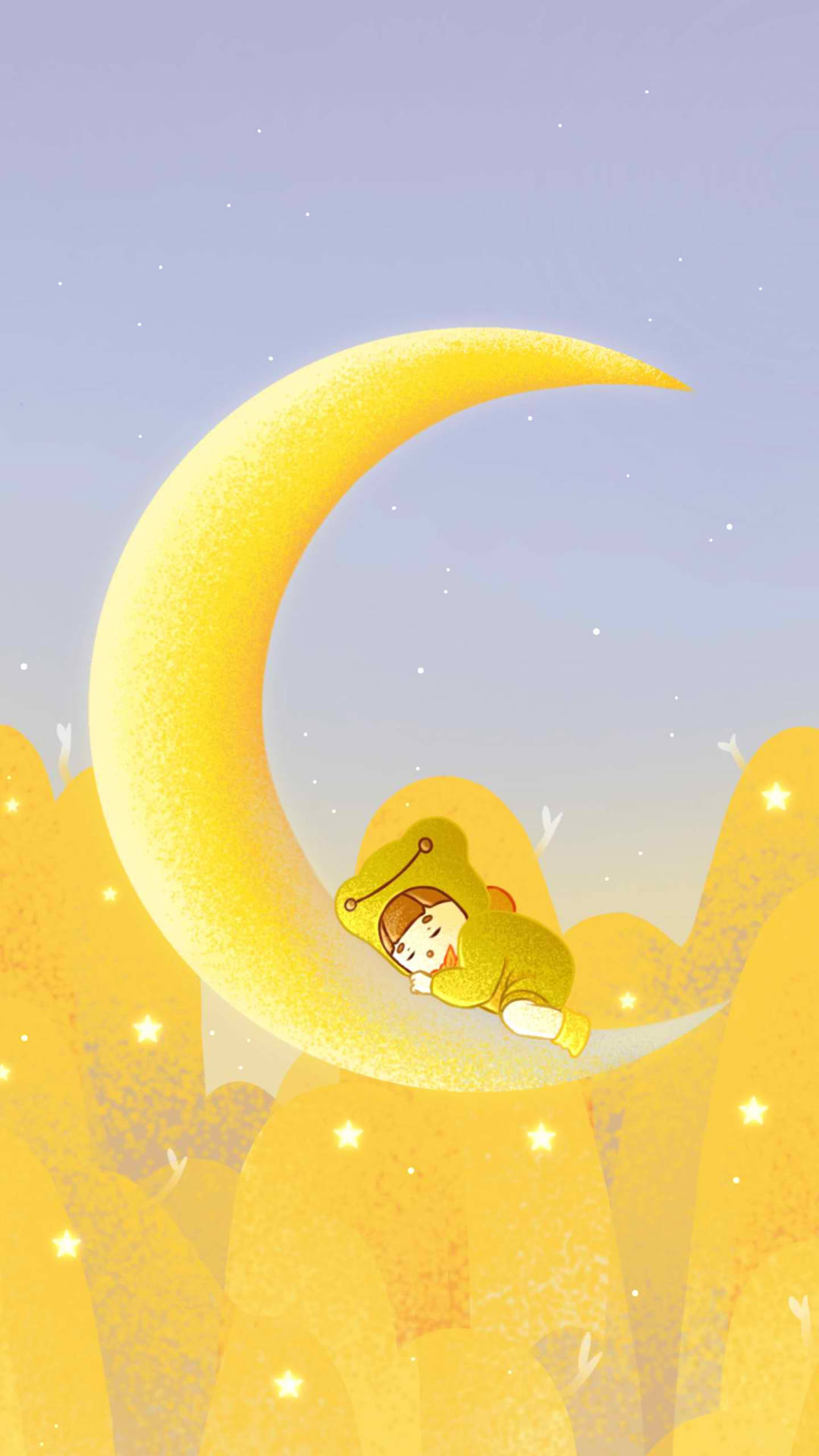 一個穿著綠色太空衣的小孩在星空下的閃爍彎月上安睡。 — Pastel 壁紙
