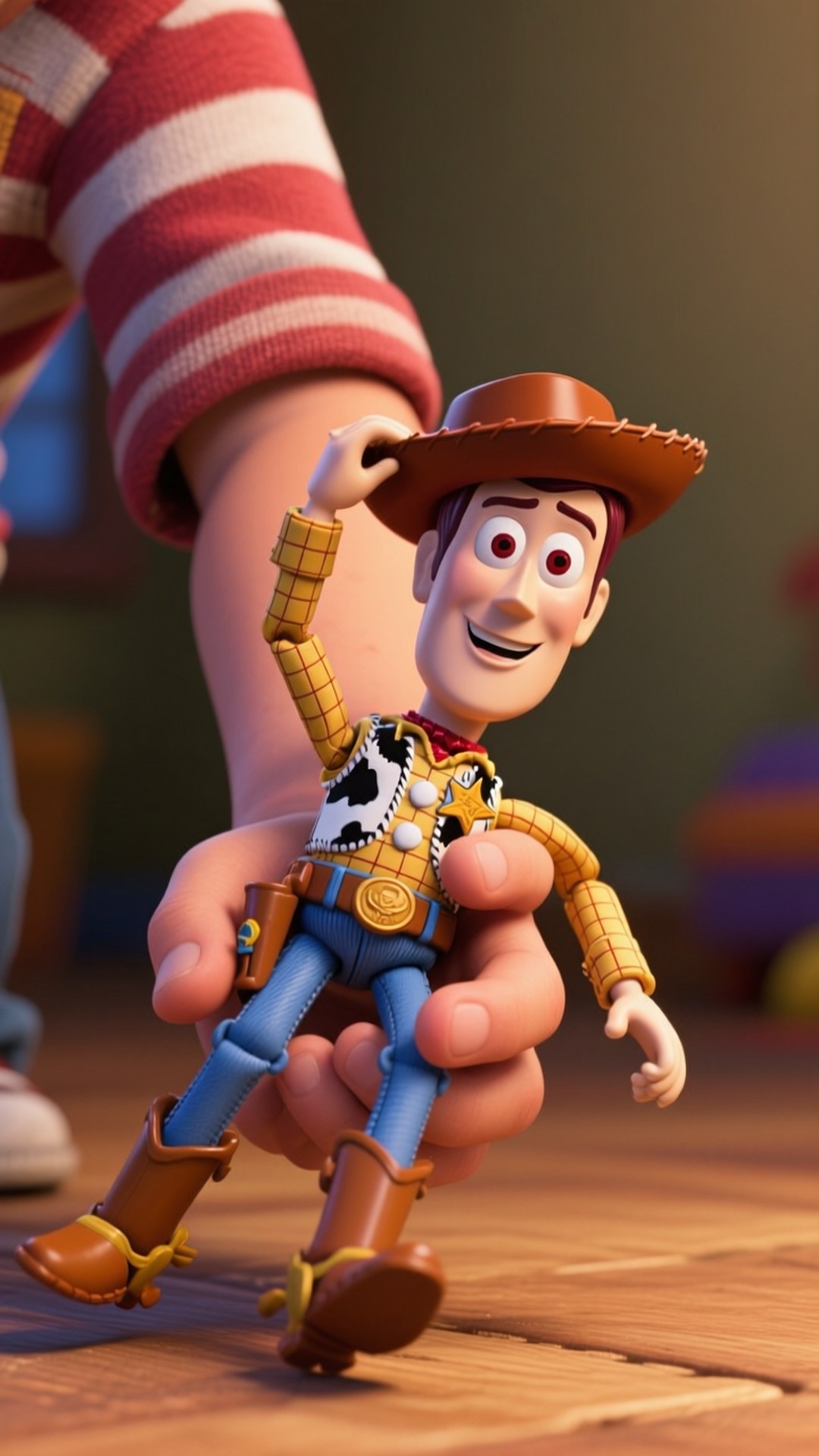 Andy Holding Woody 壁紙 — 一隻孩子的手輕輕地握著一個微笑的胡迪玩具牛仔，穿著經典條紋襯衫和帽子，放在木地板上。
