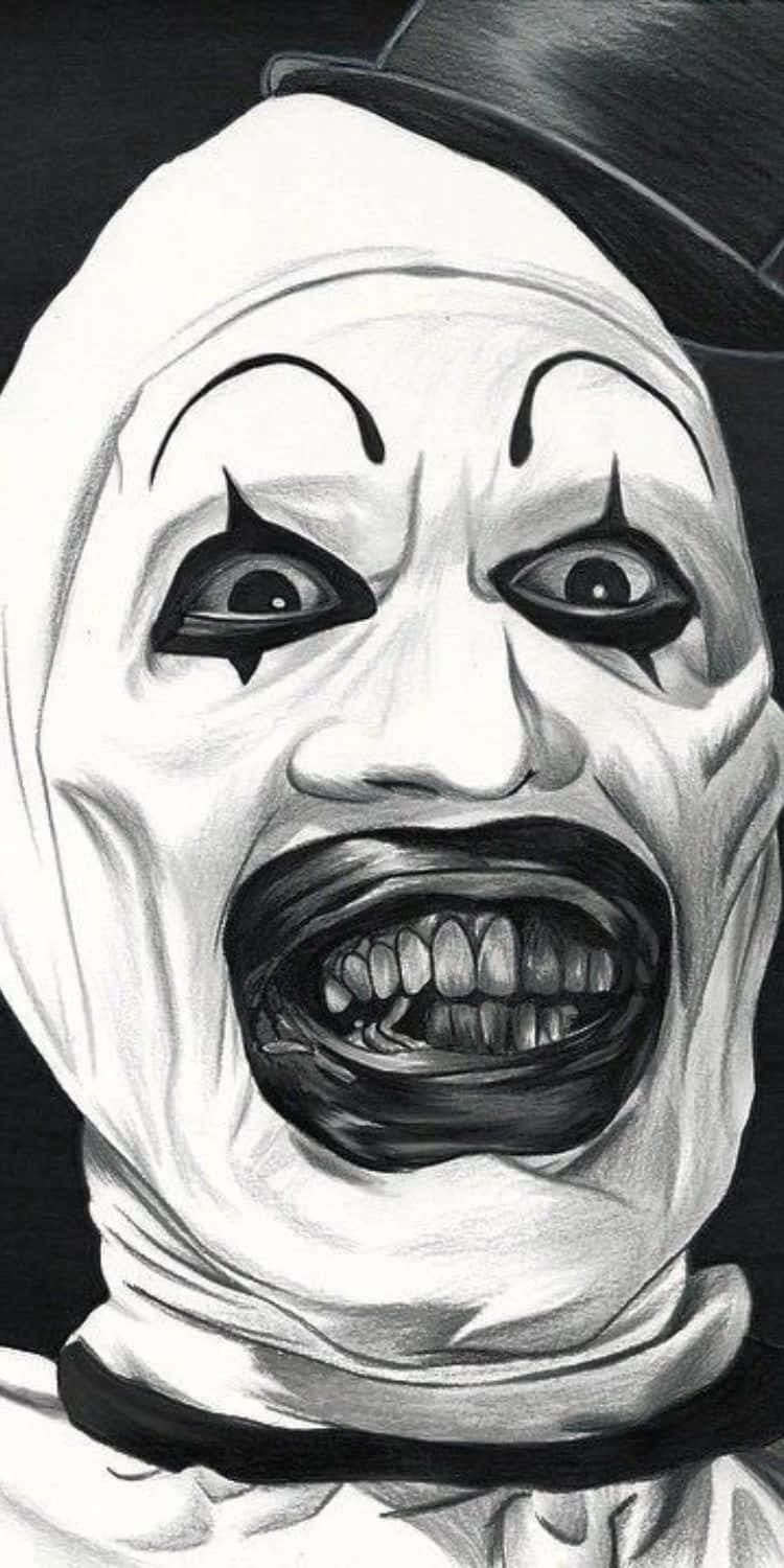  壁紙 — 一幅令人毛骨悚然的黑白鉛筆畫，描繪一個恐怖小丑，露出寬闊的牙齒笑容並戴著高頂帽。