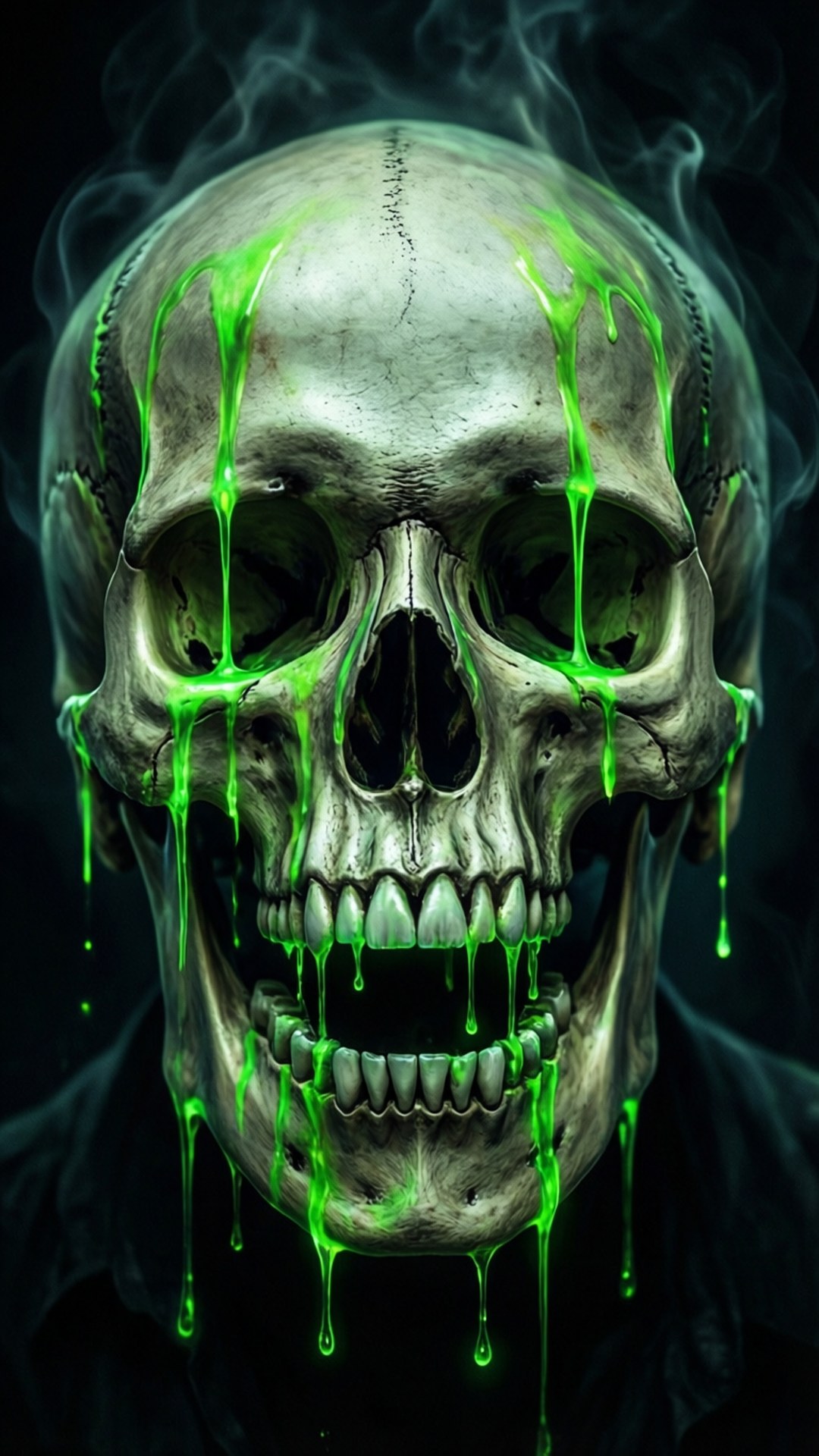Glowing Skull Drip 壁紙 — 一個令人毛骨悚然的人類頭骨，發光的綠色黏稠液體沿著骨骼結構滴落，背景陰暗煙霧繚繞。