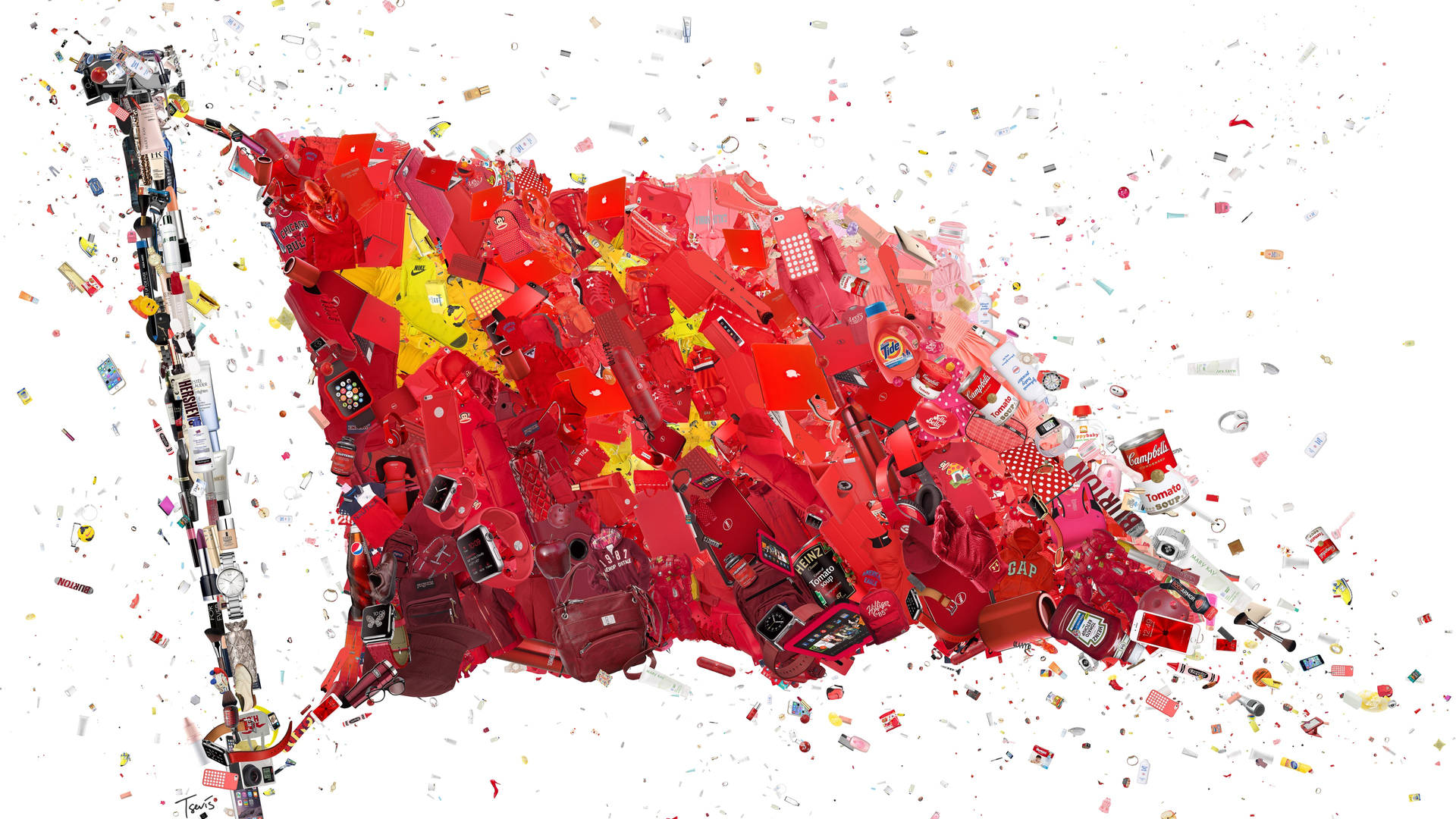 由消費品和垃圾製成的中國國旗在太空中漂浮。 — 中國國旗 壁紙
