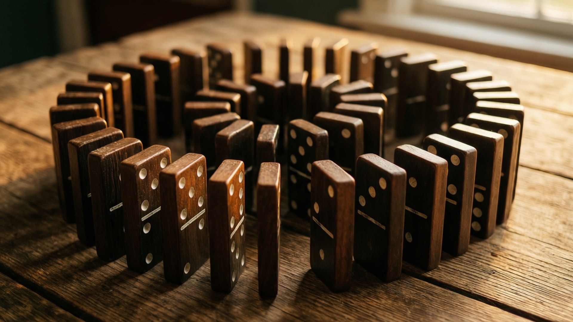 Spiral Domino Arrangement 壁紙 — 一圈深色木製骨牌豎立在質樸的木桌上，沐浴在溫暖的自然光中。