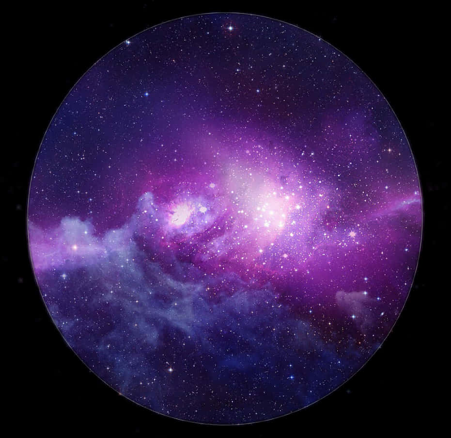 一個發光的紫色和藍色星雲，在圓形框架內有恆星，背景是黑色太空。 — 4K 壁紙