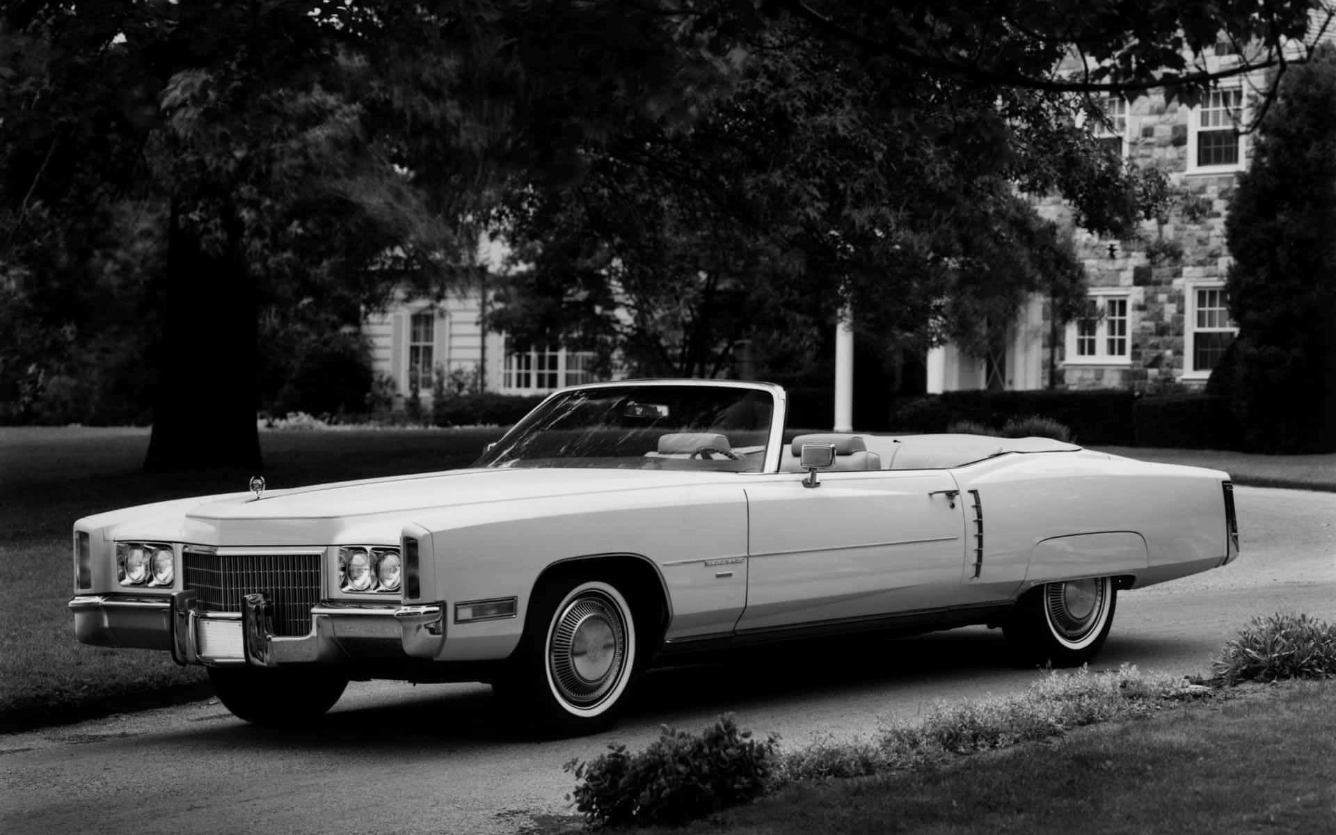 Cadillac Eldorado 桌布 壁紙 — 一輛經典白色敞篷車停泊在石屋前綠樹成蔭的住宅街道上。