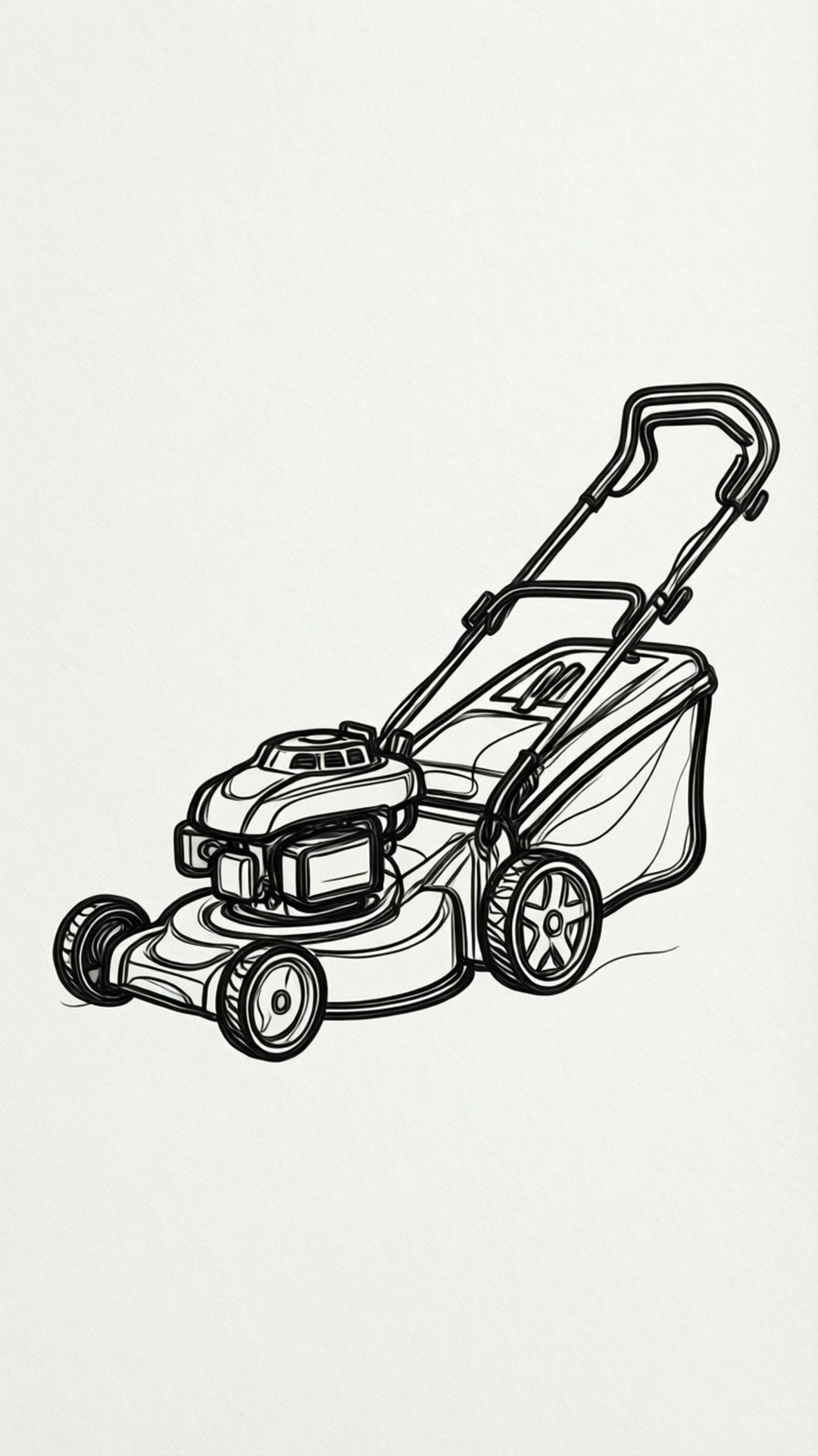 lawn mower 桌布 壁紙 — 一個乾淨的黑白線條畫，描繪一台手推式割草機，背景簡單。