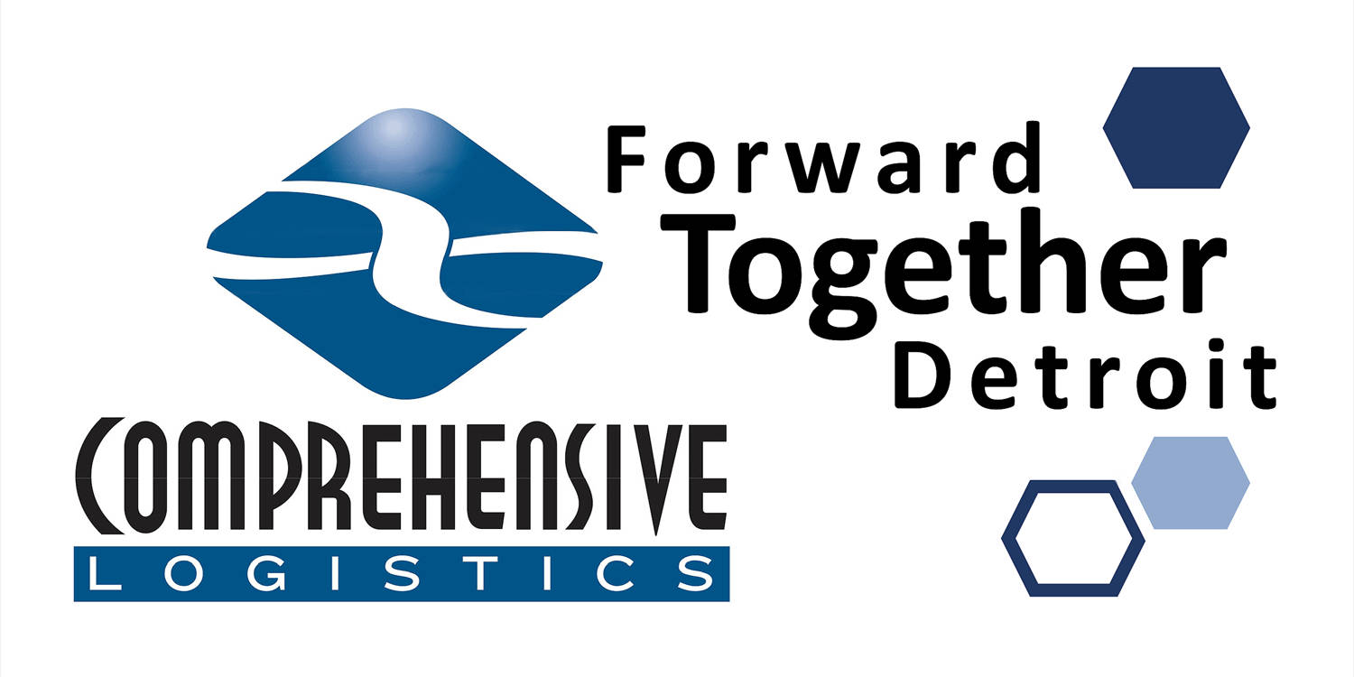 標誌 桌布 壁紙 — Comprehensive Logistics 的簡潔企業標誌，帶有藍色幾何形狀和標語 Forward Together Detroit。