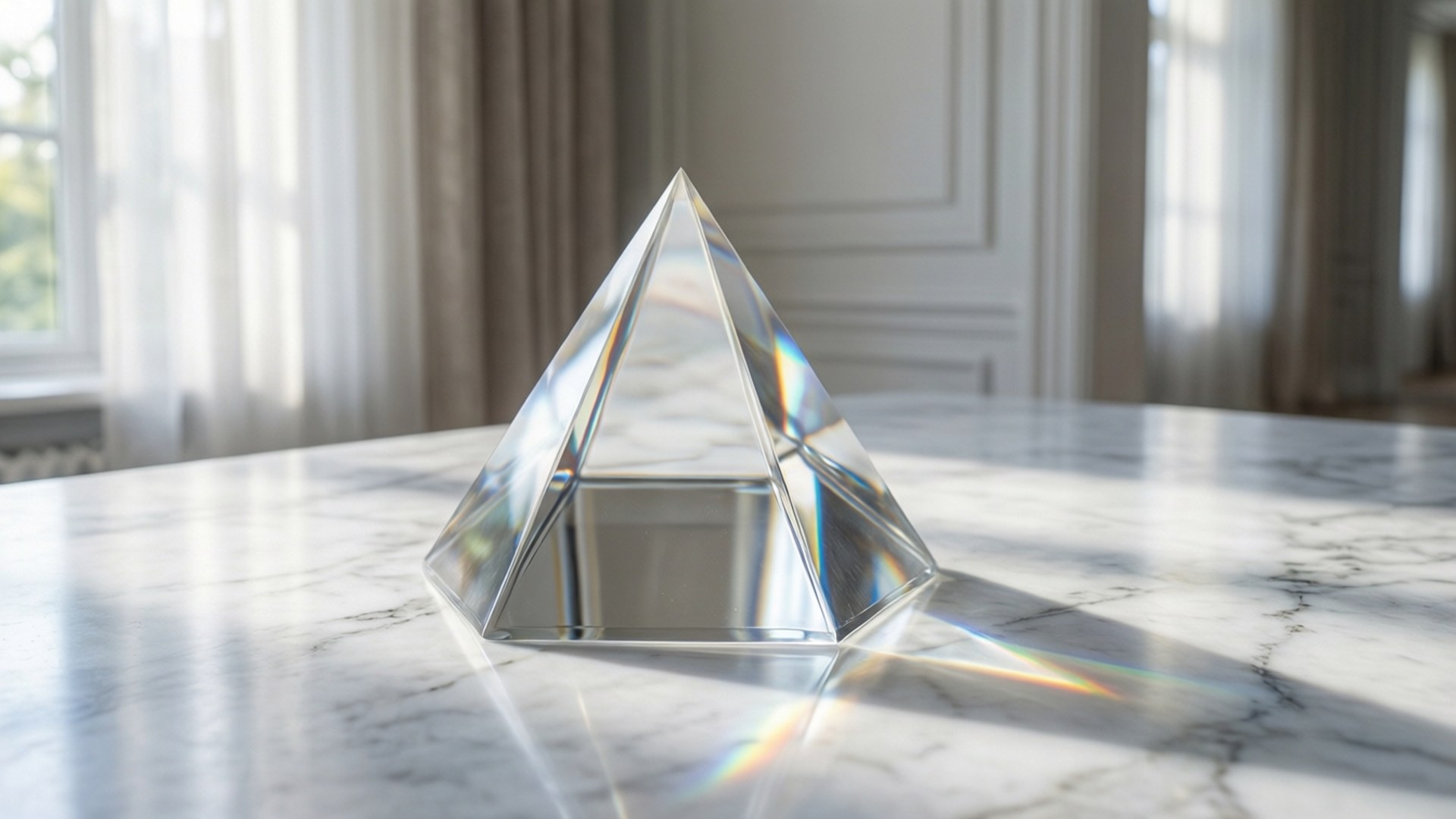 Marble Prism Elegance 壁紙 — 一個透明玻璃金字塔將陽光折射到明亮優雅房間的大理石桌上。