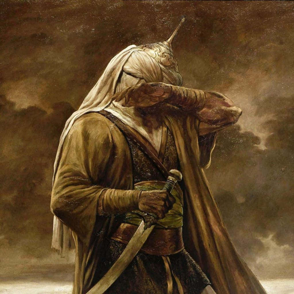  壁紙 — 一位身穿斗篷、戴著角盔、手持劍的戰士，在暴風雨般的棕色天空下莊嚴站立。