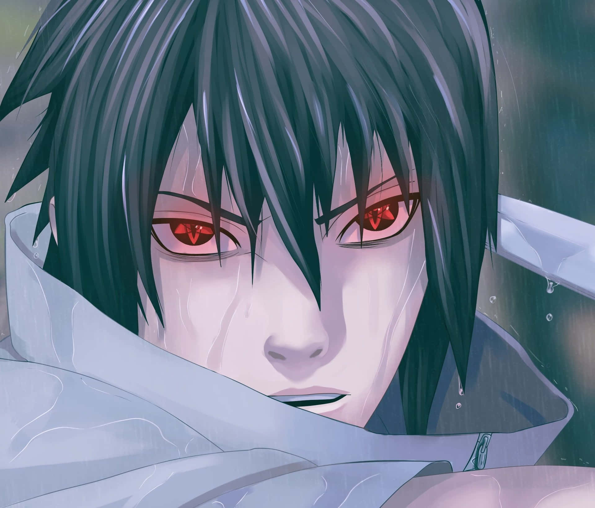 在雨景中擁有紅色眼睛和深色頭髮的動漫角色。 — Sasuke 壁紙