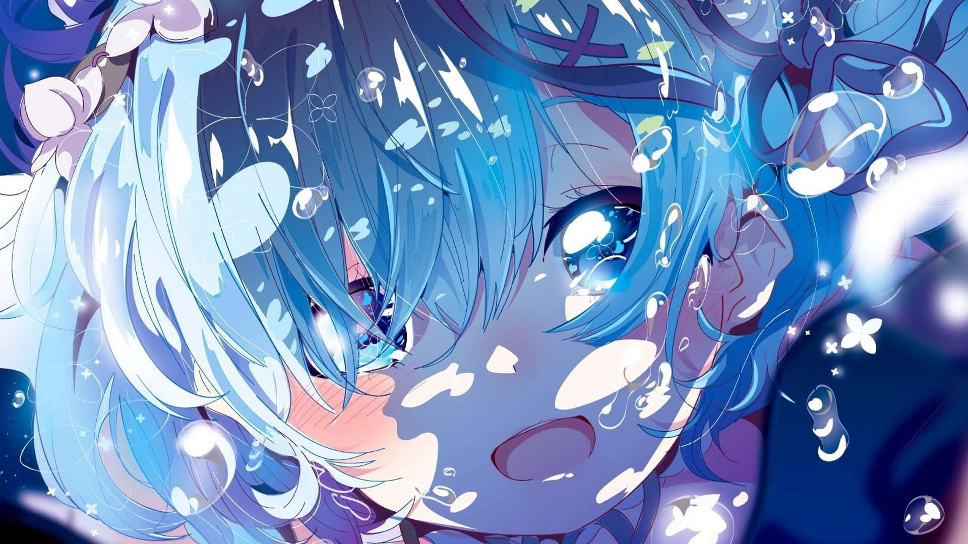 藍色頭髮和氣泡的動漫女孩在水中的夢幻場景。 — 主題 壁紙