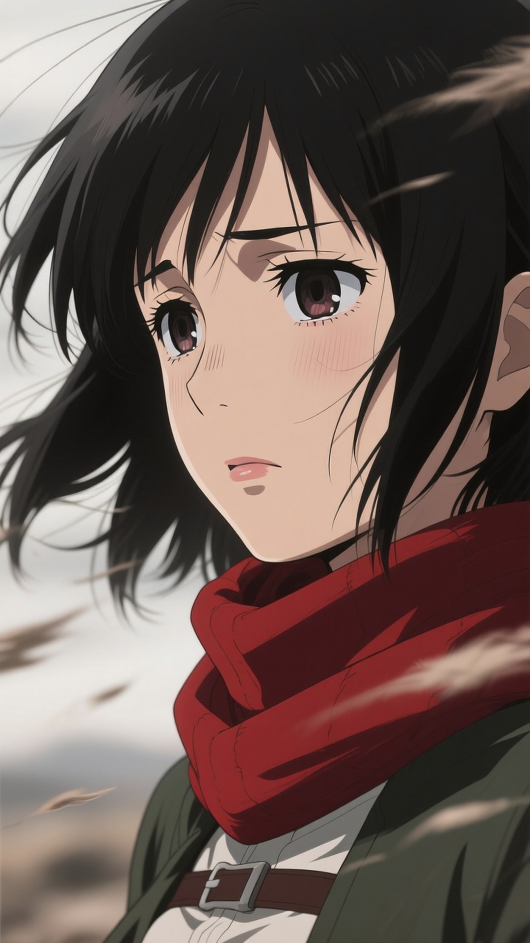 Mikasa's Sorrow 壁紙 — 一個深色頭髮、戴著紅色圍巾的動漫女孩特寫，她帶著堅定的表情向前凝視，風吹動她臉龐的髮絲。