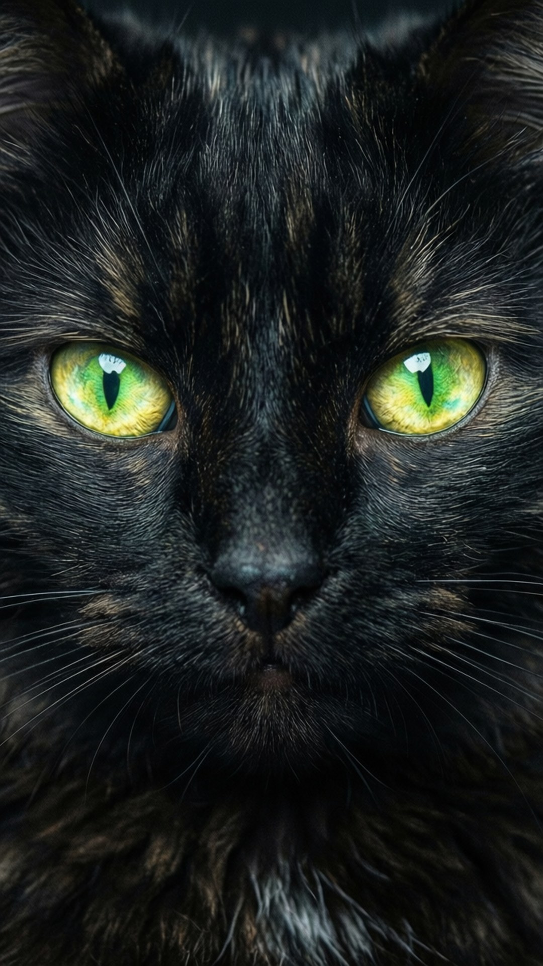 Cat Eyes Glow 壁紙 — 一隻黑貓的臉部特寫，擁有引人注目的綠色眼睛，直視觀眾。
