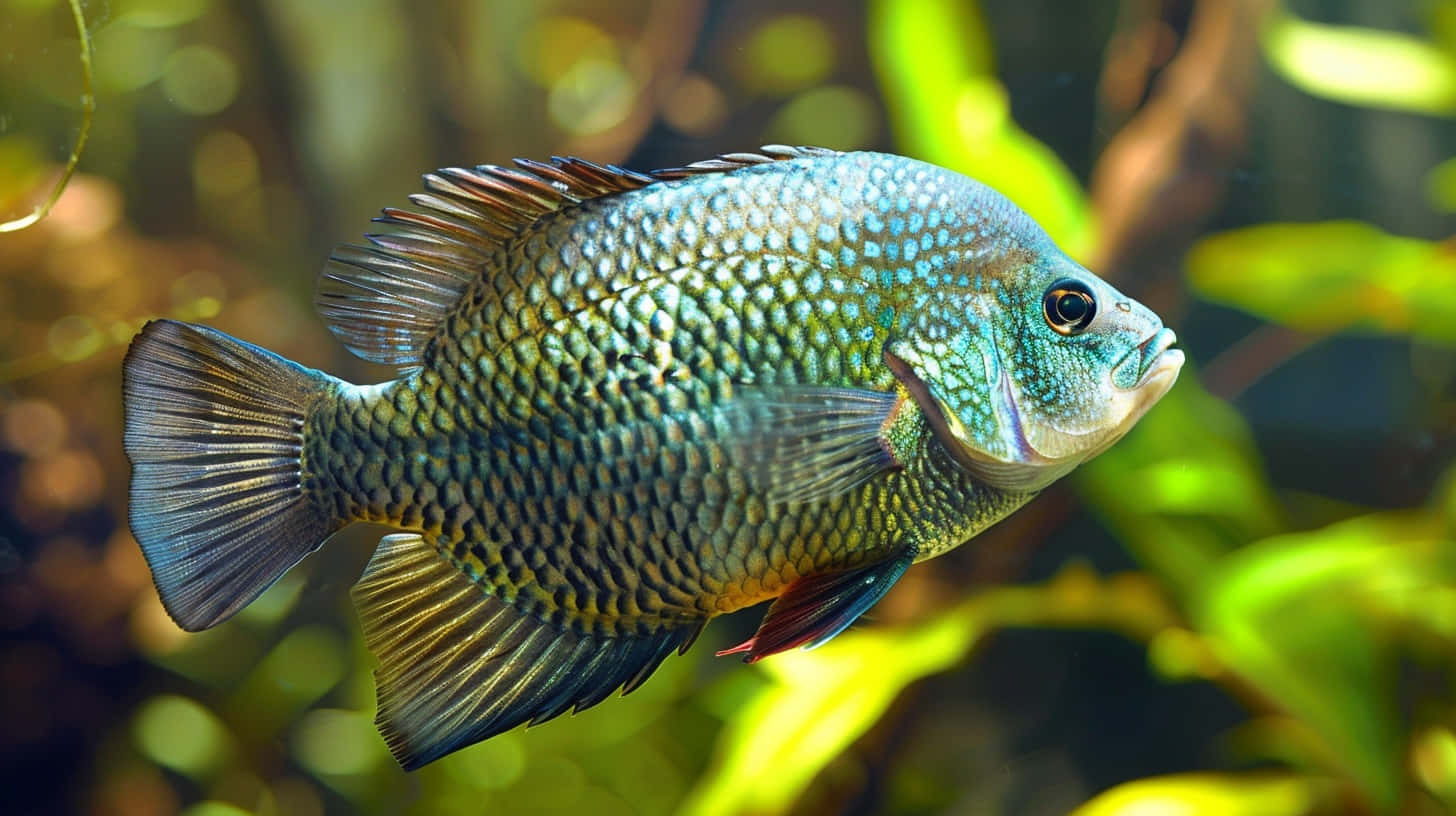  壁紙 — 一條藍綠色鱗片的魚在模糊的水生植物中優雅游動的特寫。
