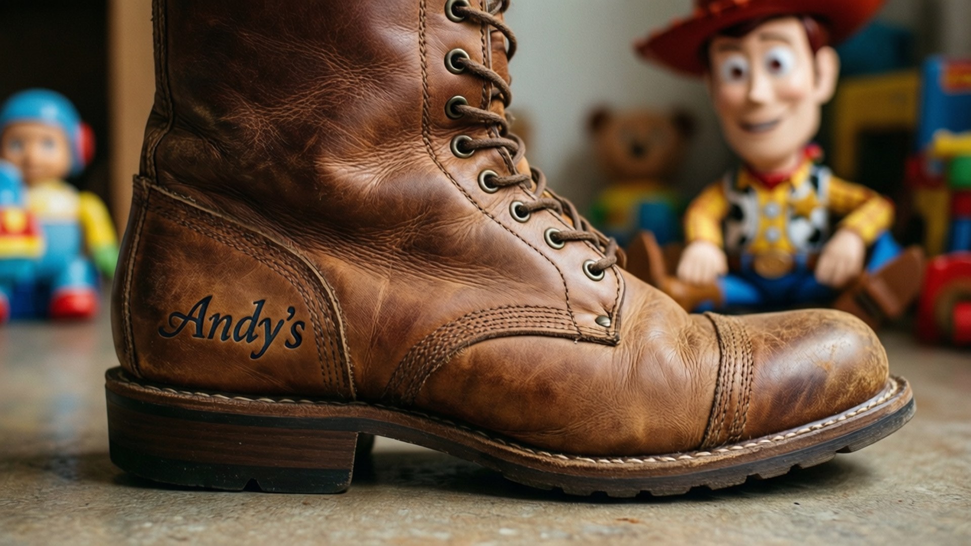 Andy's Name on Boot 壁紙 — 一雙棕色皮靴的特寫，鞋跟繡有「Andy's」，放在地上，背景有玩具公仔。