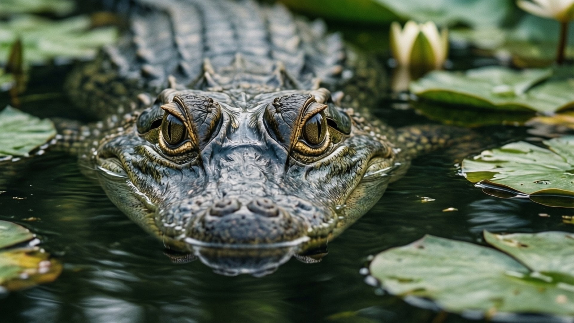 Stealth Alligator Swimming 壁紙 — 鱷魚從暗水中浮出，其強烈的眼睛和紋理分明的口鼻部特寫，周圍環繞著睡蓮葉和白色睡蓮。