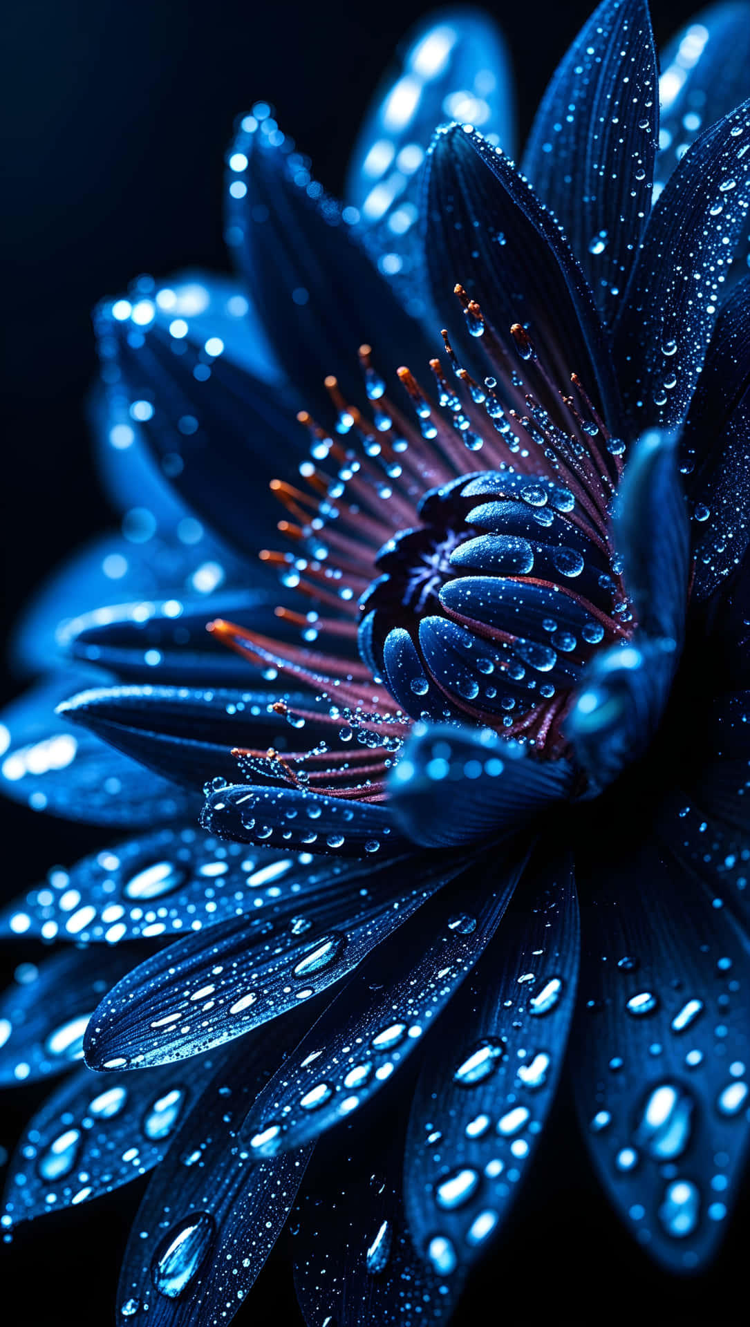 黑色背景上，一朵佈滿露珠的藍色花朵