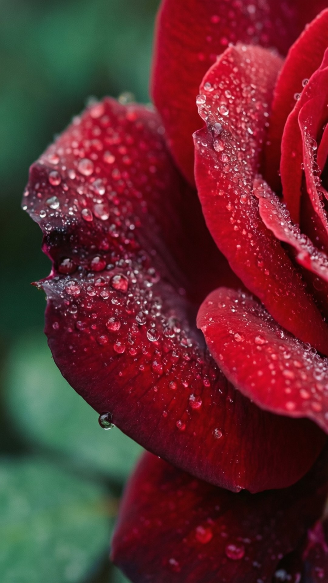 Dewy Rose Macro 壁紙 — 深紅色玫瑰花瓣的特寫，在模糊的綠色背景下閃爍著露珠。