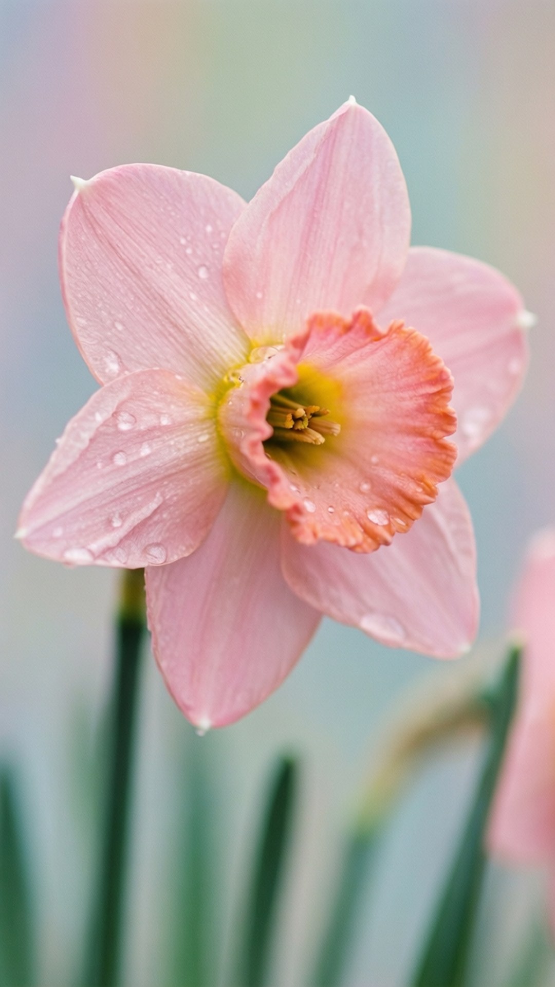 Pink Narcissus Dew 壁紙 — 一朵嬌嫩的粉紅色水仙花特寫，花瓣上閃爍著露珠，背景柔和模糊。