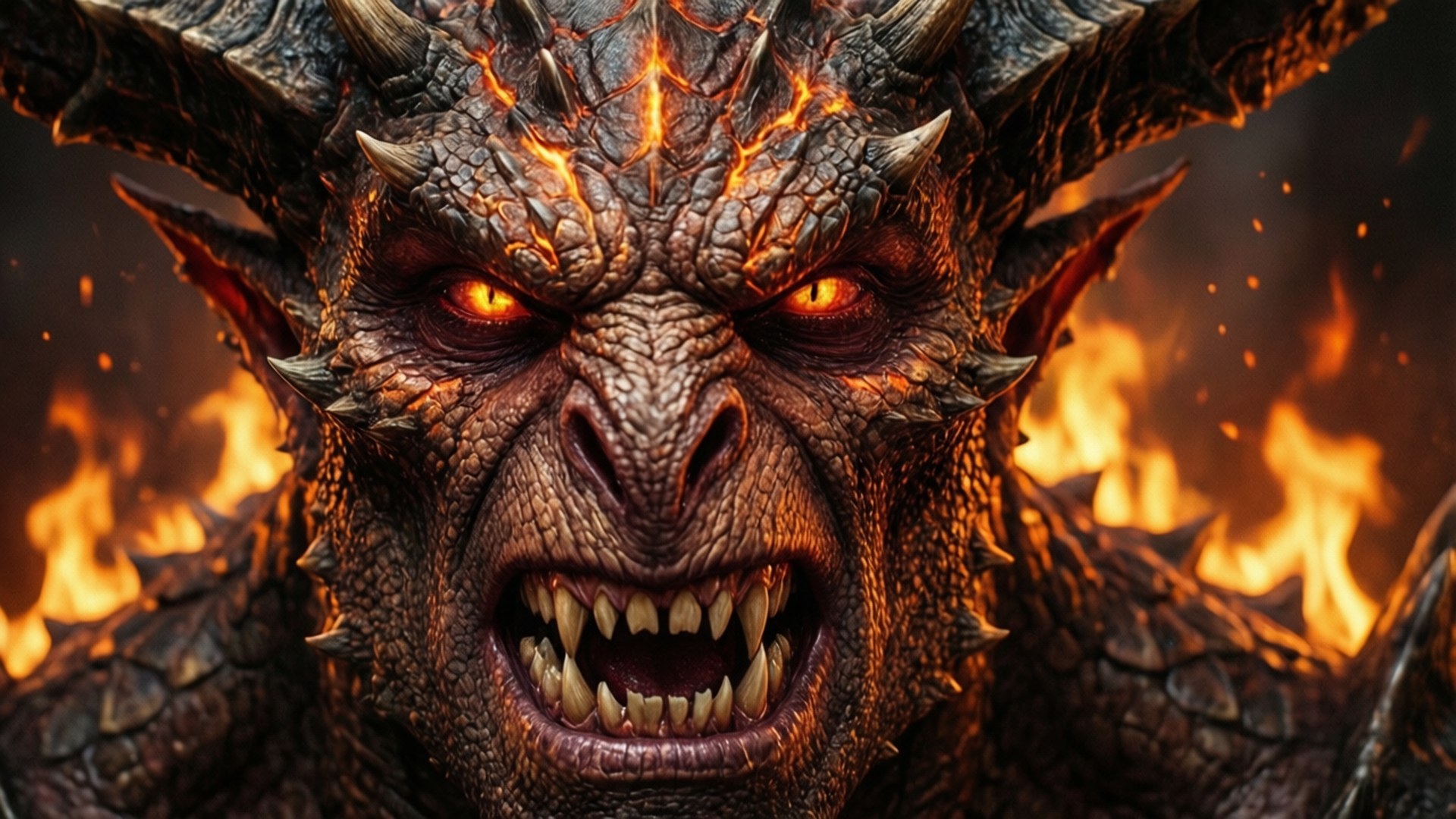 Diablo Close-Up 壁紙 — 一頭惡魔龍的近距離特寫，牠有著發光的橙色眼睛和鱗片頭上的火熱裂縫，在火焰背景下咆哮。