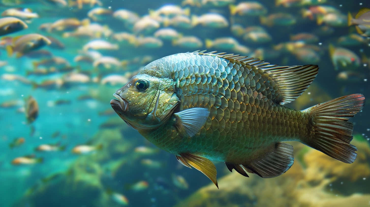  壁紙 — 一條細節豐富的藍綠色魚在清澈的碧綠水中游動的特寫，背景有一群魚。