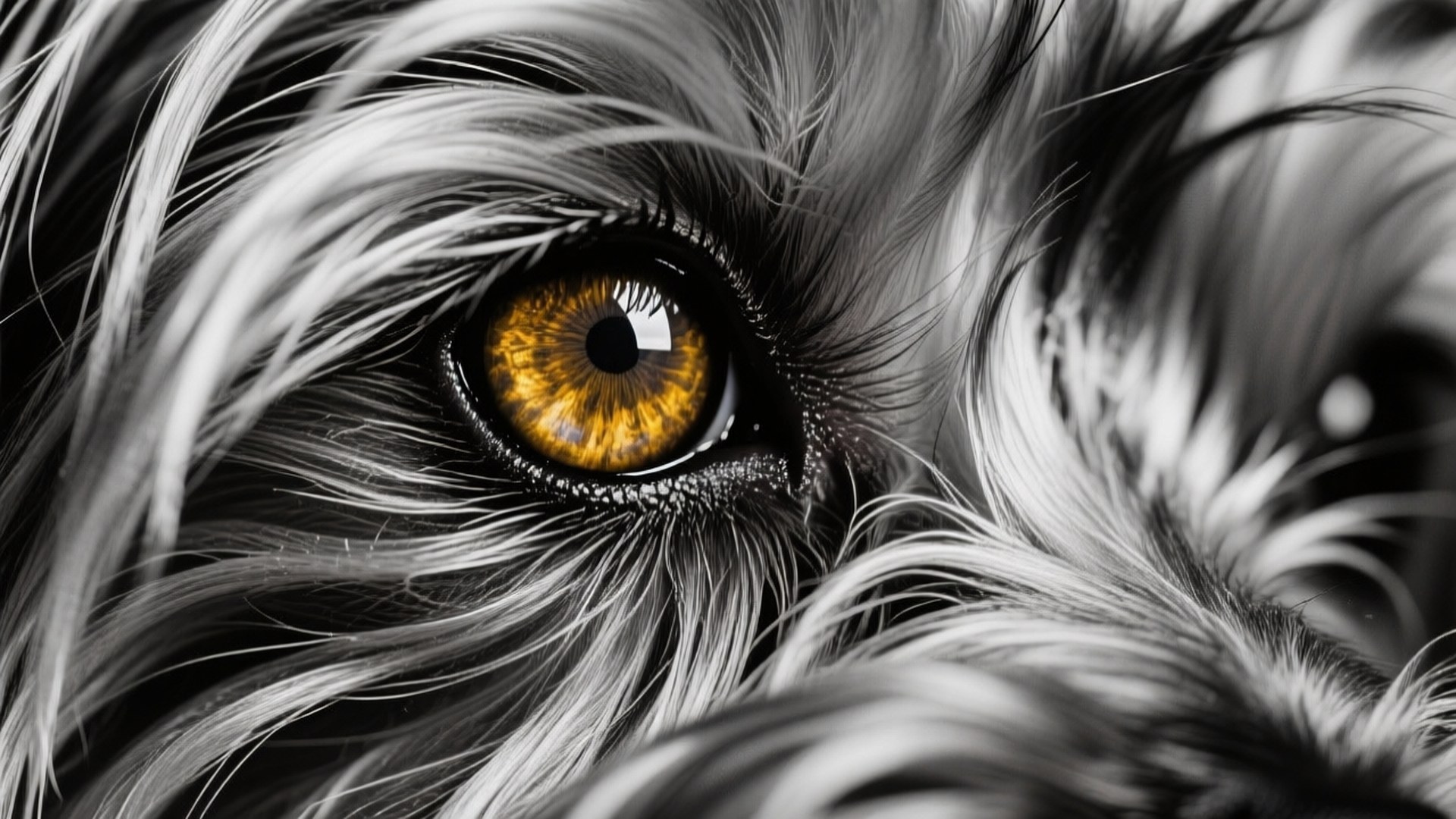 Eye of the Yorkie 壁紙 — 狗眼的特寫，帶有鮮豔的琥珀色虹膜，周圍是單色毛髮。