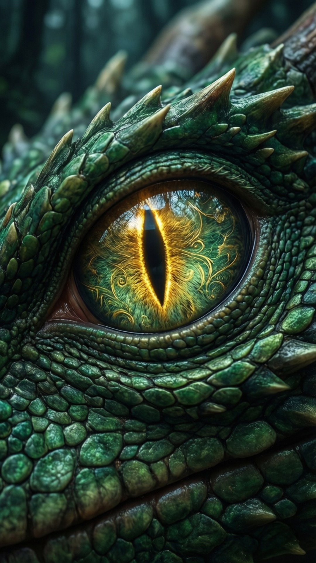 Dragon Eye Close-Up 壁紙 — 龍眼的特寫，金色虹膜和綠色鱗片，周圍有尖銳的刺。
