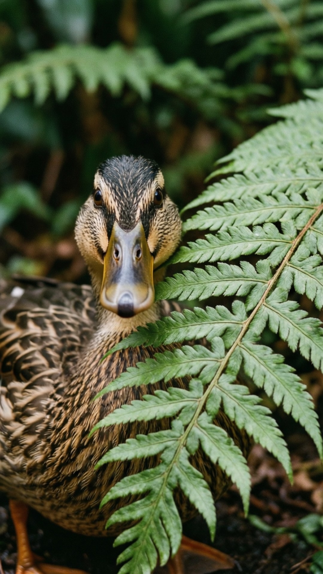 Duck Peeking from Fern 壁紙 — 一隻有棕色斑點羽毛和黃色喙的鴨子，在森林中鮮綠色的蕨類植物後面探出頭來的特寫。