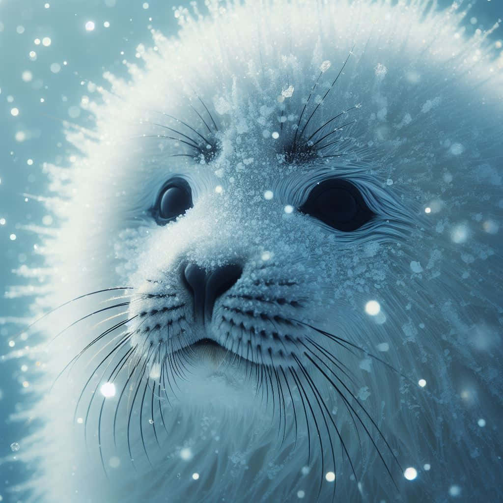  壁紙 — 一隻毛茸茸的白色海豹幼崽近距離特寫，身上覆蓋著雪花，背景是柔和的藍色。