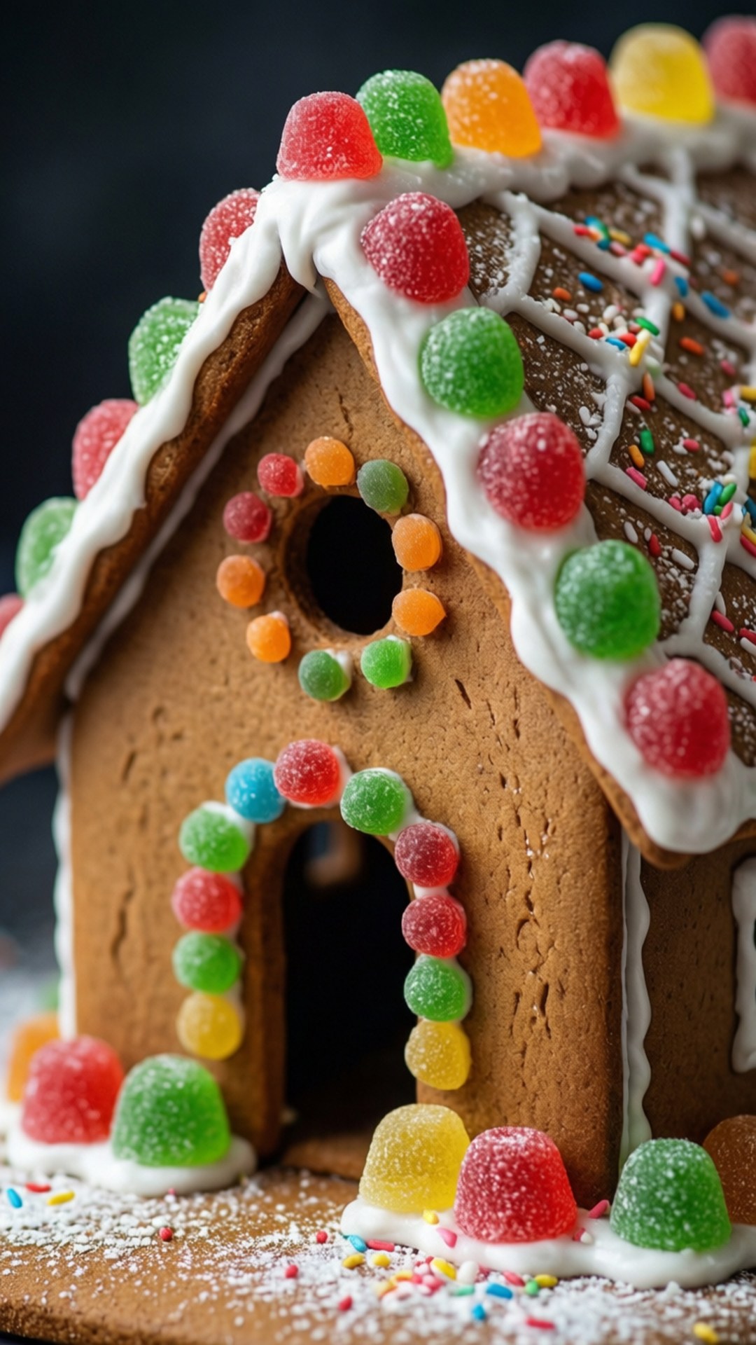 Macro Gingerbread House Details 壁紙 — 特寫鏡頭：一個薑餅屋，上面裝飾著色彩繽紛的軟糖和白色糖霜，背景為深色。