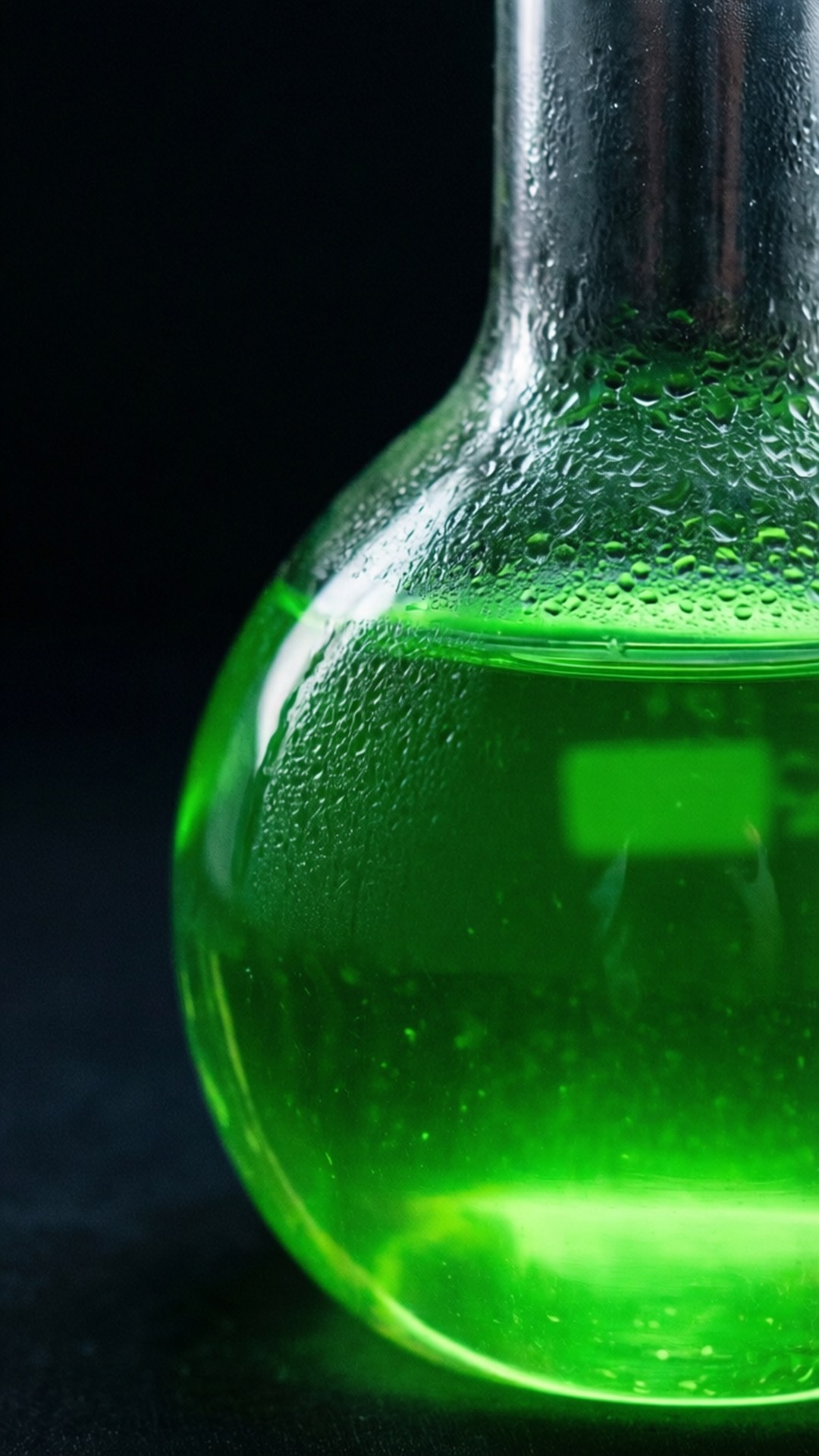 Glowing Green Flask 壁紙 — 一個玻璃燒瓶的特寫，裝滿發光的綠色液體，背景為黑色。
