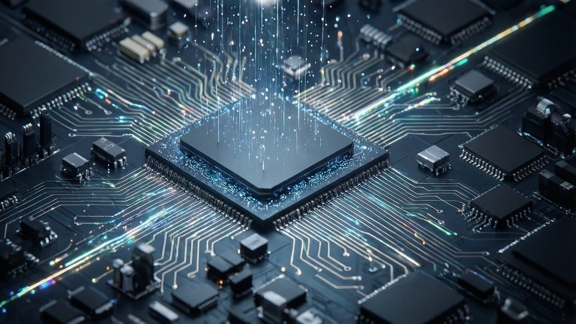 3D Circuit Realm 壁紙 — 電路板上發光中央處理器的特寫，數位粒子像雨一樣傾瀉而下。