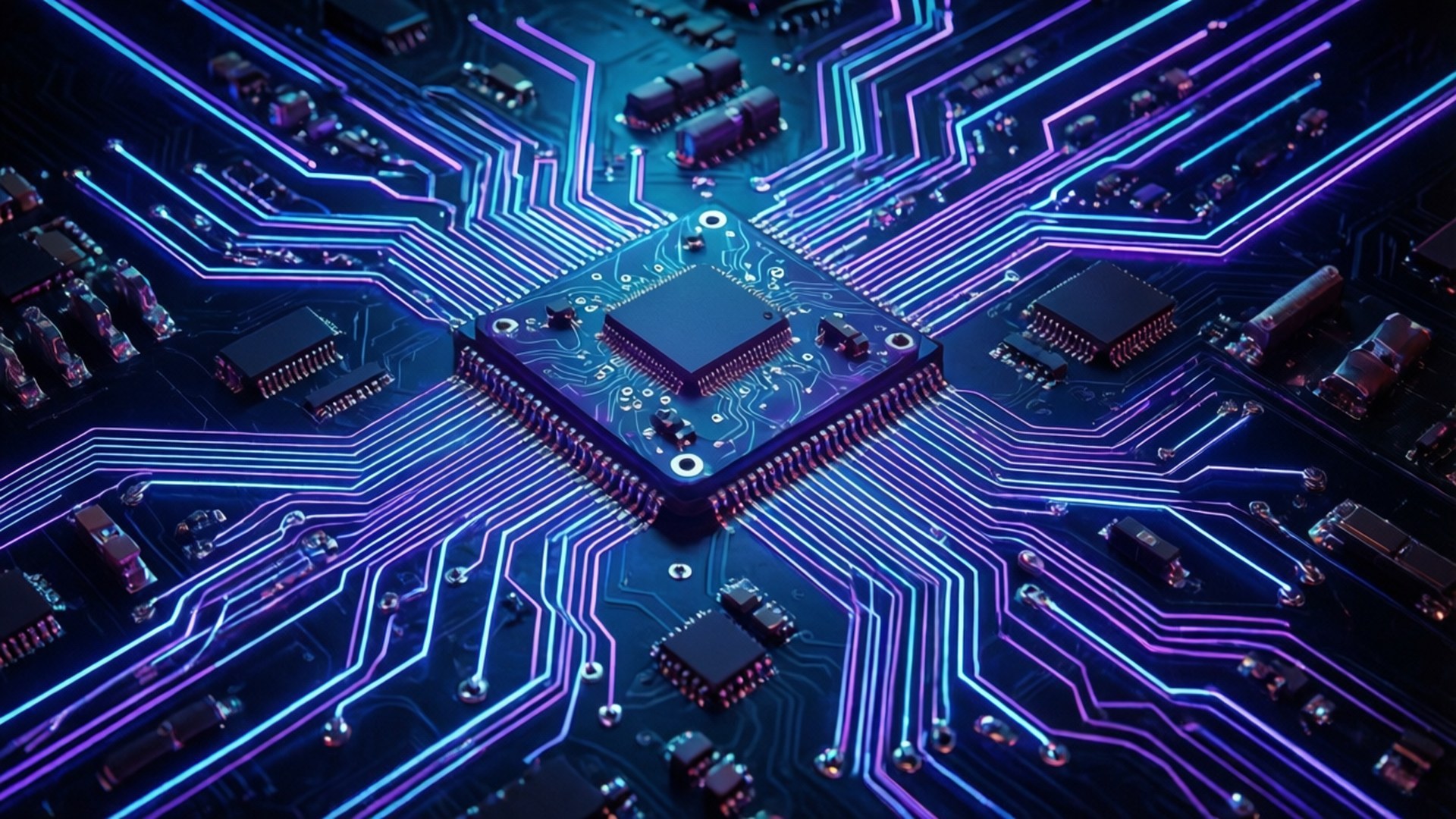 Neon Circuit Dreams 壁紙 — 發光電路板的特寫，中央處理器被霓虹藍色和紫色路徑包圍。