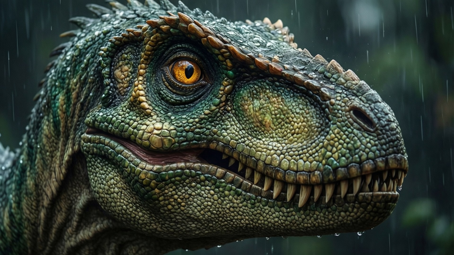 Raptor's Gaze 壁紙 — 一隻綠色裝甲恐龍，琥珀色眼睛，在雨中凝視的特寫。