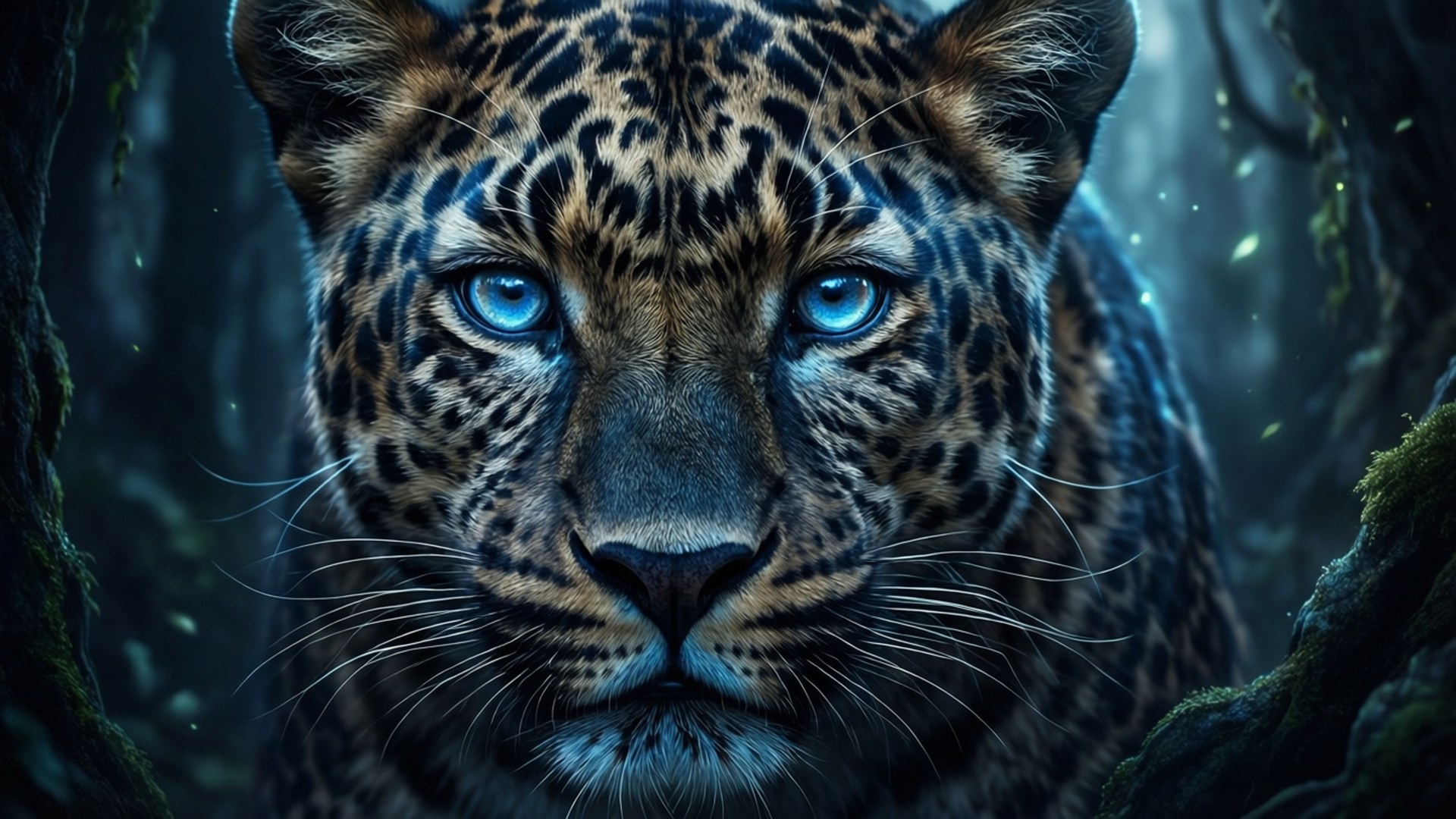 Fierce Panther Face 壁紙 — 一隻美洲豹的特寫，擁有銳利的藍色眼睛，從迷霧森林中強烈凝視。