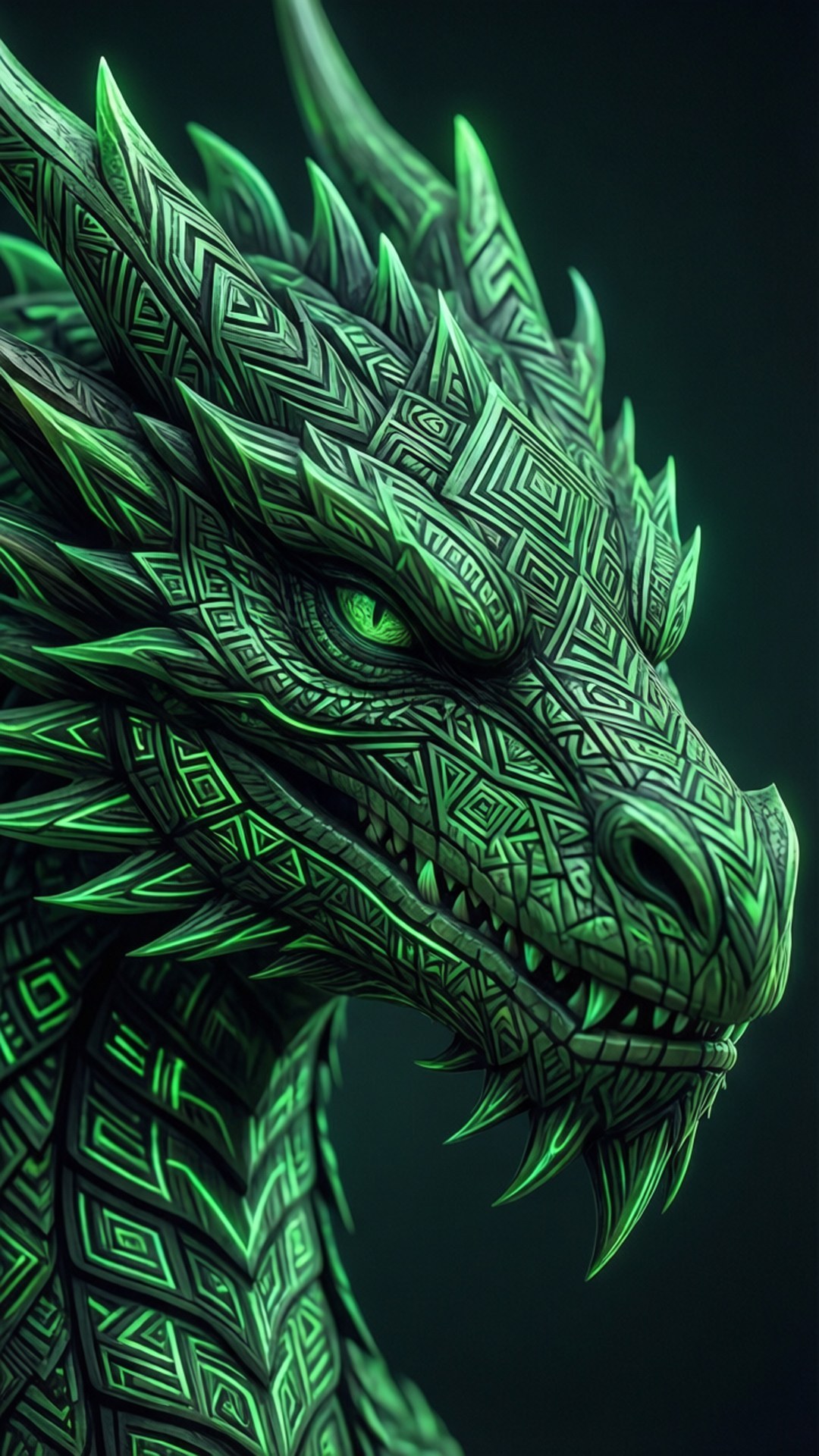Tribal Dragon Profile 壁紙 — 特寫一個帶有發光眼睛和複雜幾何鱗片的兇猛綠色龍頭，背景為深色。