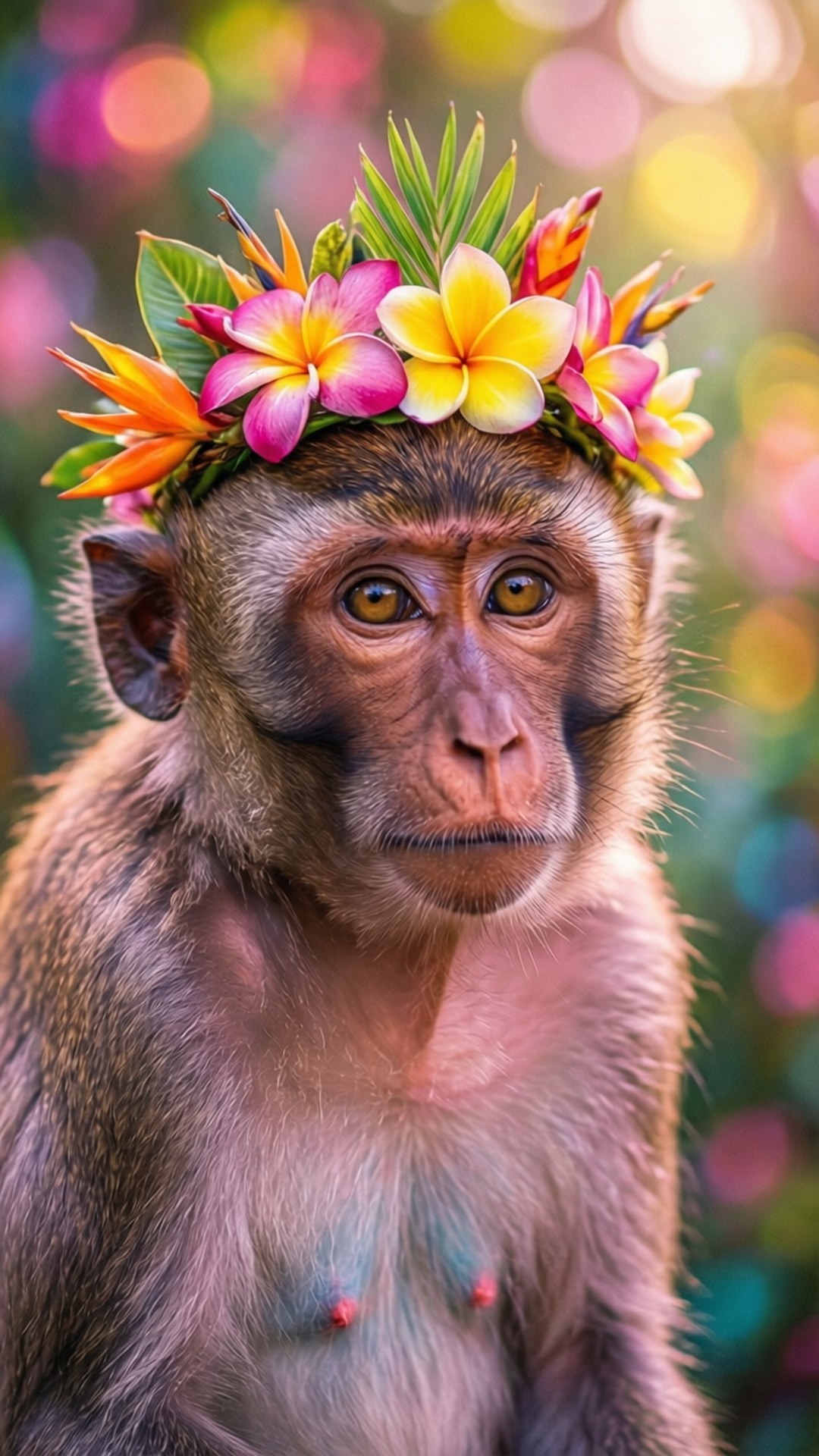 Monkey Flower Crown 壁紙 — 特寫一隻猴子戴著鮮豔的花冠，背景是色彩繽紛的散景。