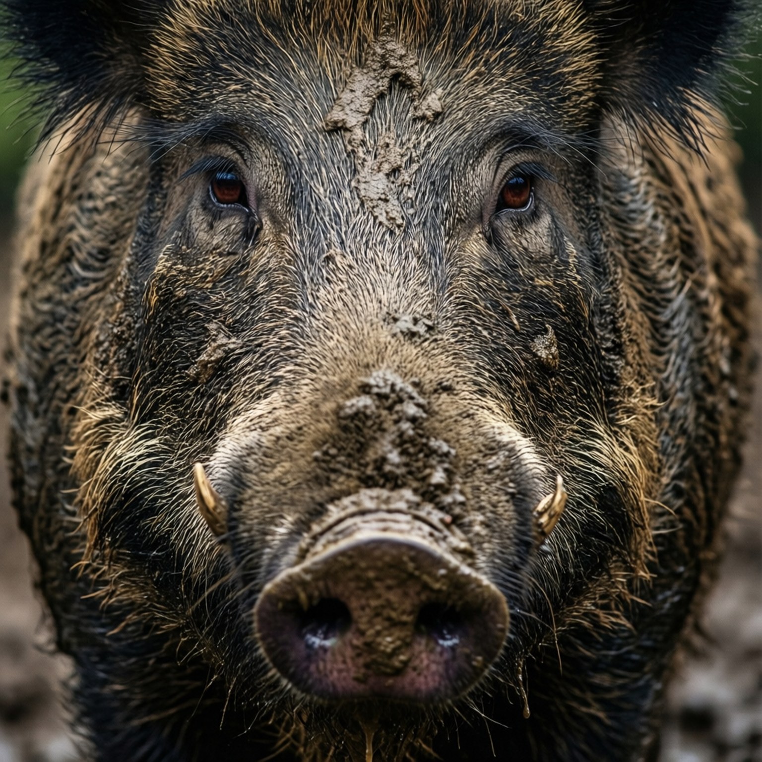 Mud-Splattered Portrait 壁紙 — 一頭滿身泥濘的野豬，眼神銳利，露出細小獠牙，直視鏡頭的特寫。