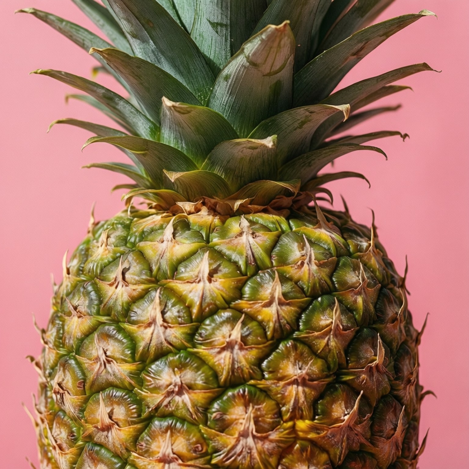 Pink Pineapple Pop 壁紙 — 一個成熟鳳梨的特寫，帶有綠色尖刺葉子，背景是柔和的粉紅色。